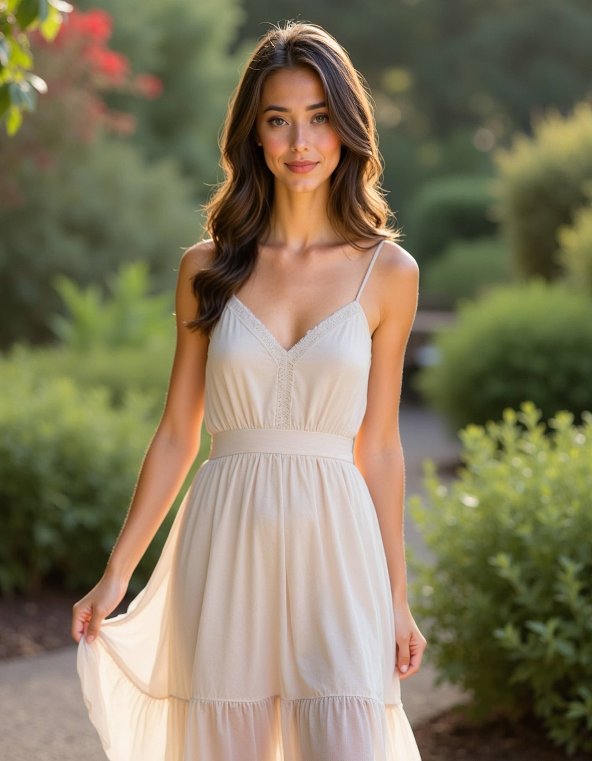 elegant feminine model in flowing sundress, botanical garden setting, soft natural light