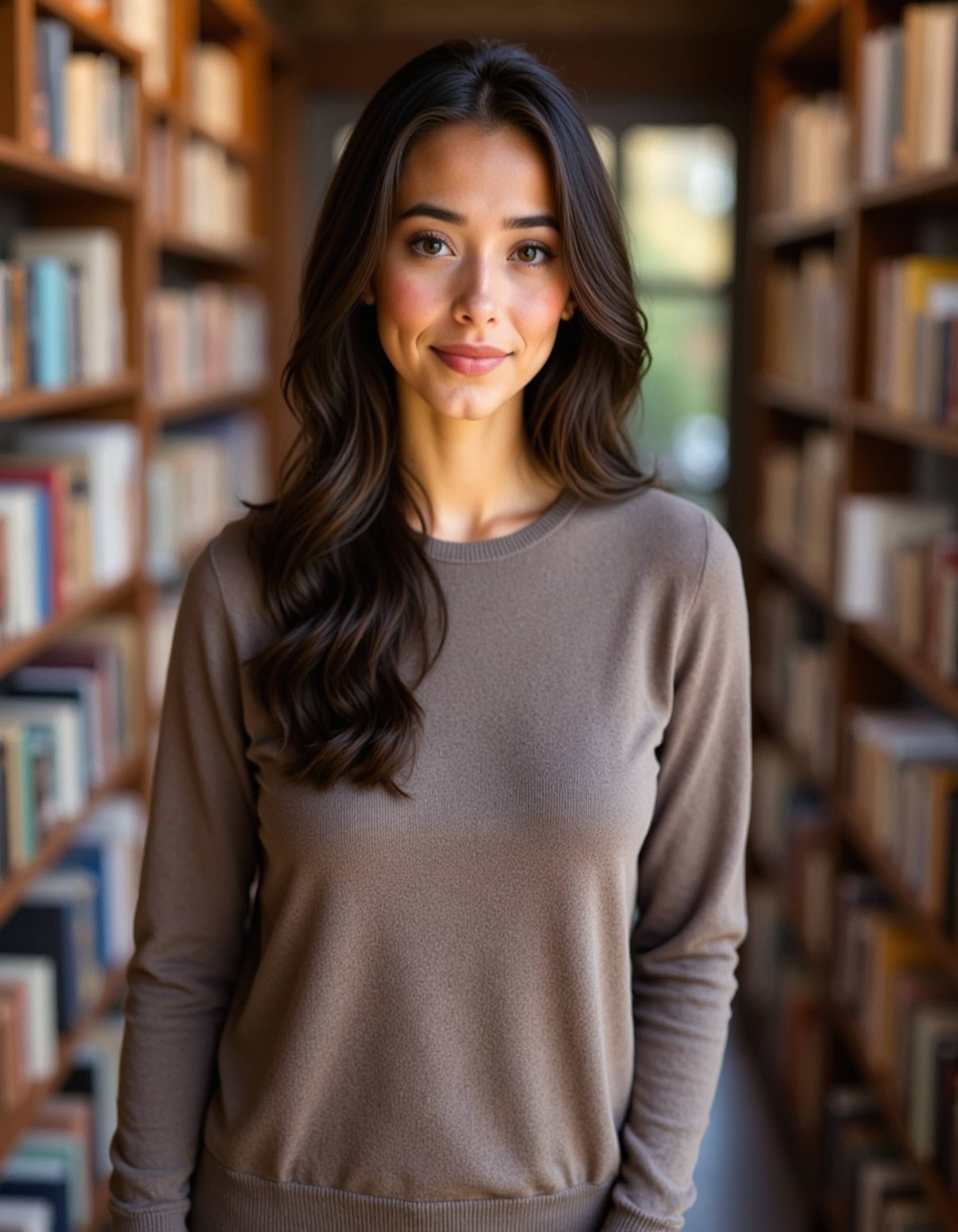 feminine model walking through bookstore, cozy sweater, thoughtful expression