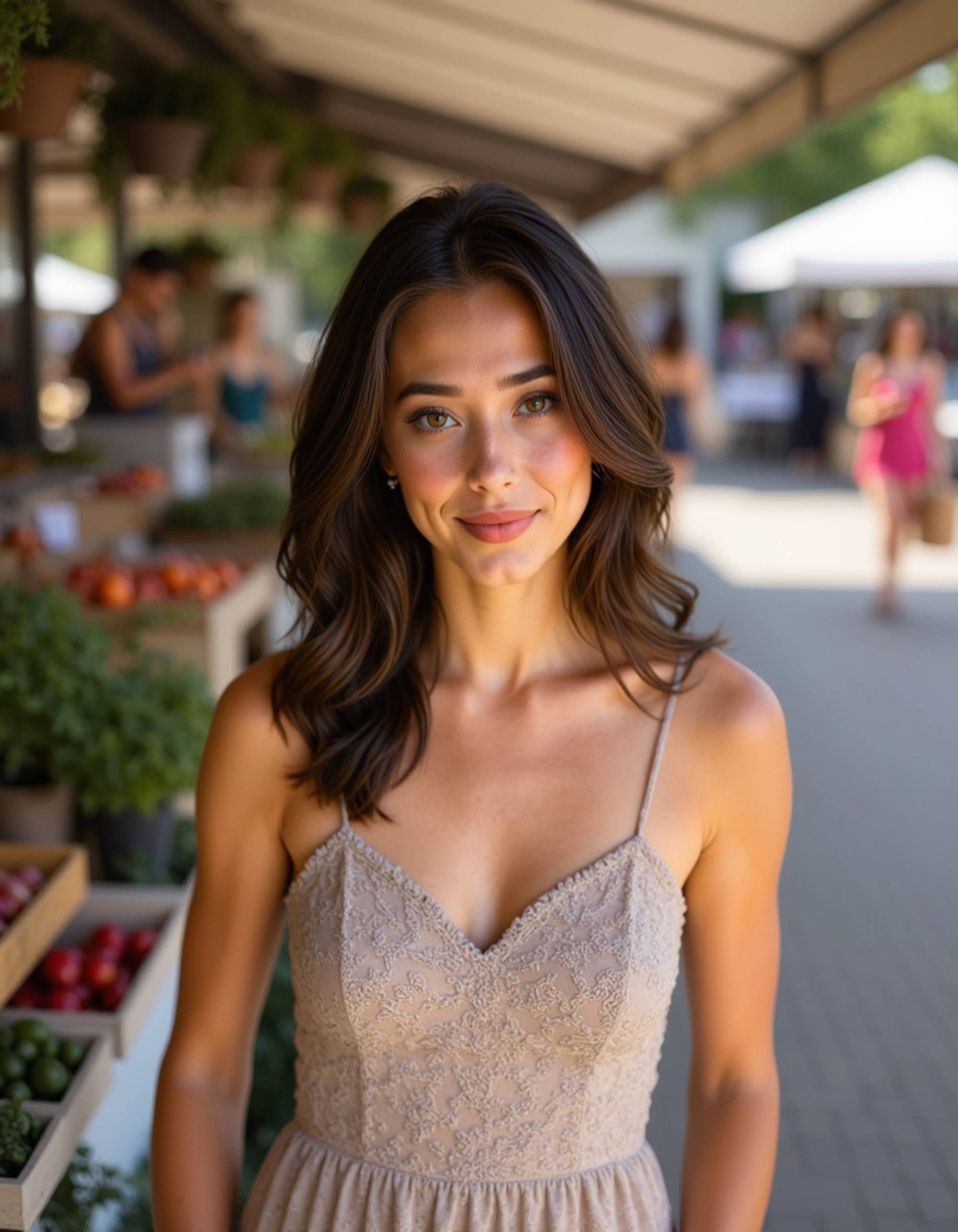 feminine model at outdoor market, vintage-style dress, candid interaction