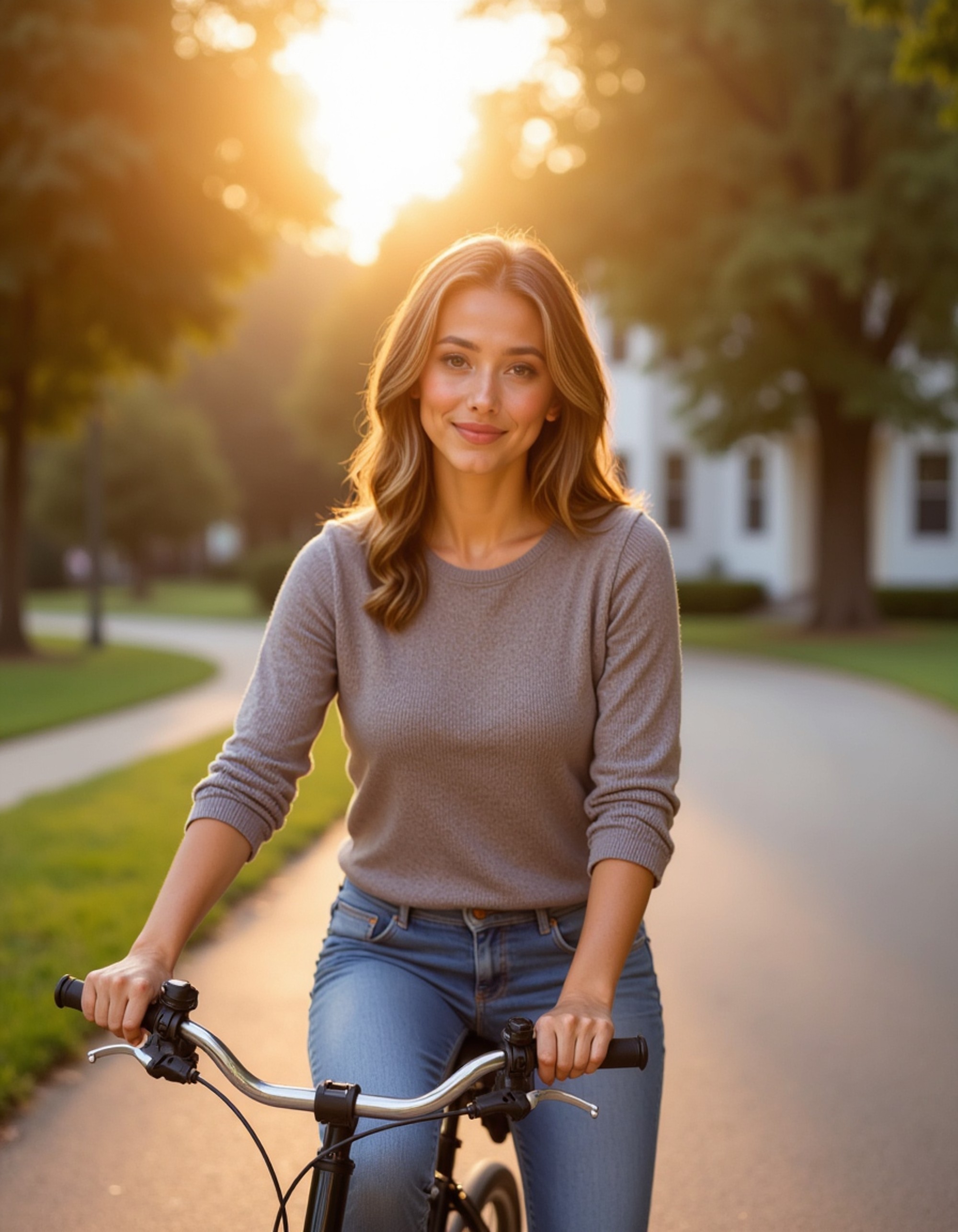 feminine model on bicycle in charming neighborhood, carefree moment, golden hour