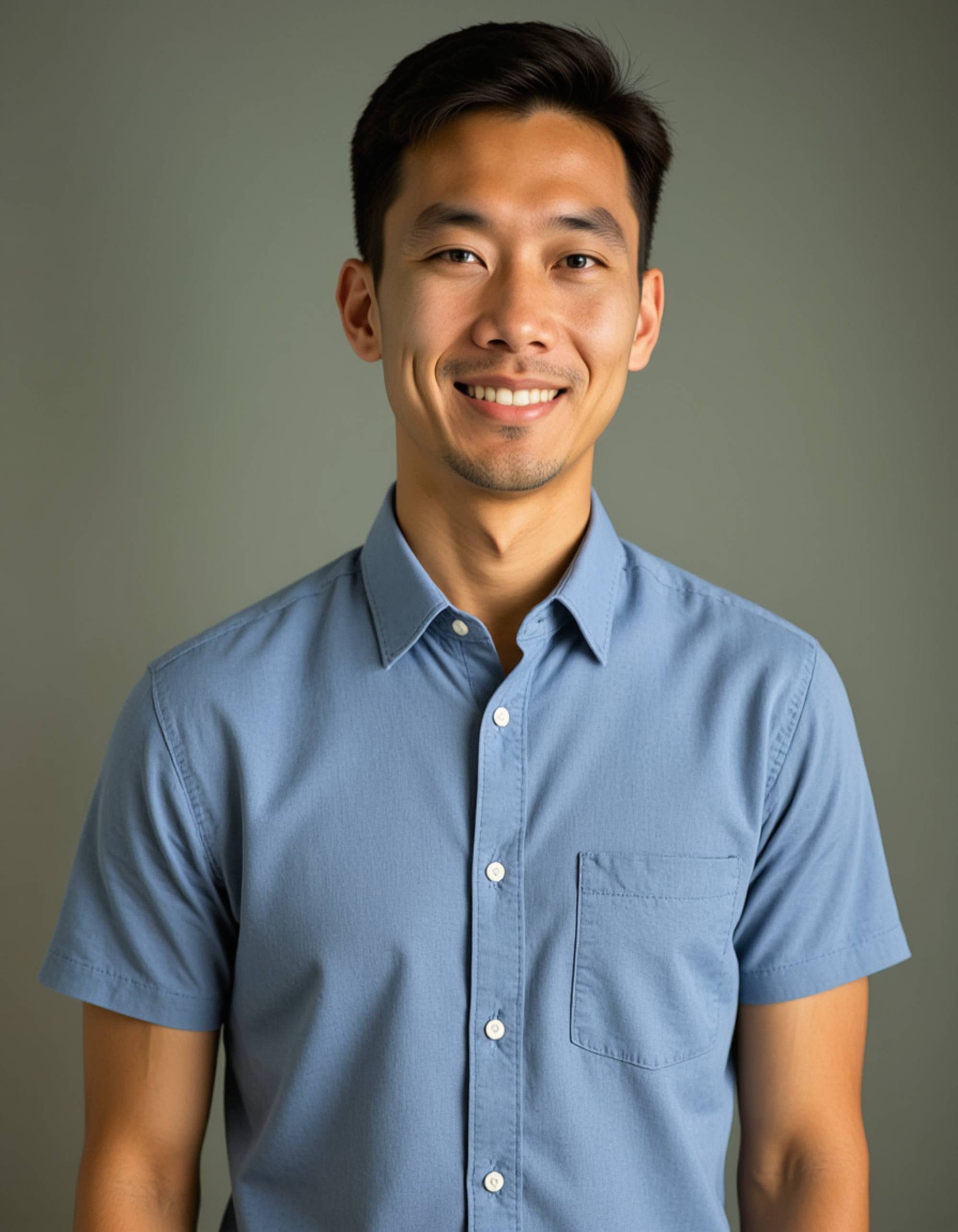 confident masculine model with genuine smile, casual button-down shirt, natural lighting
