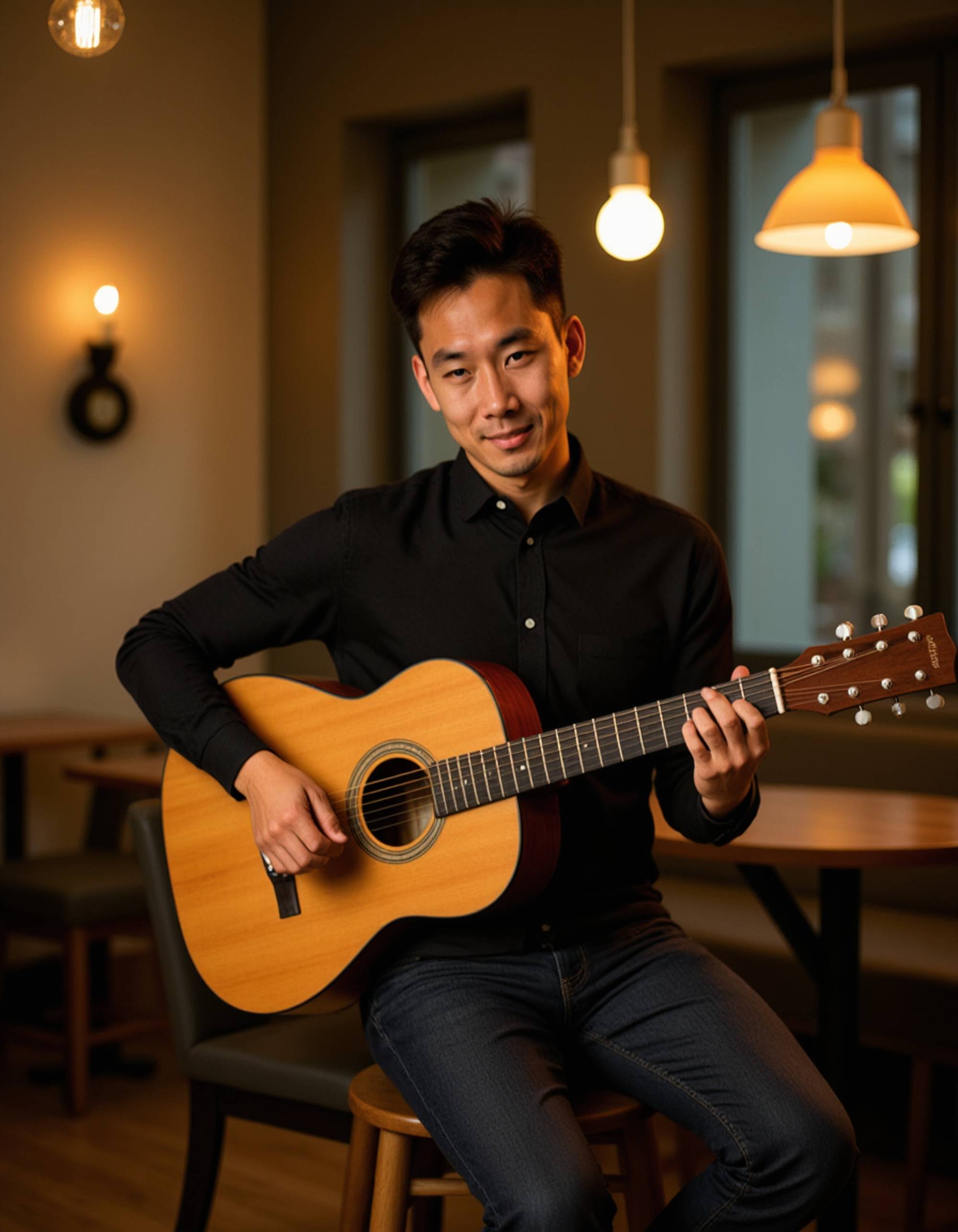masculine model playing guitar in cozy coffee shop setting, warm ambient lighting