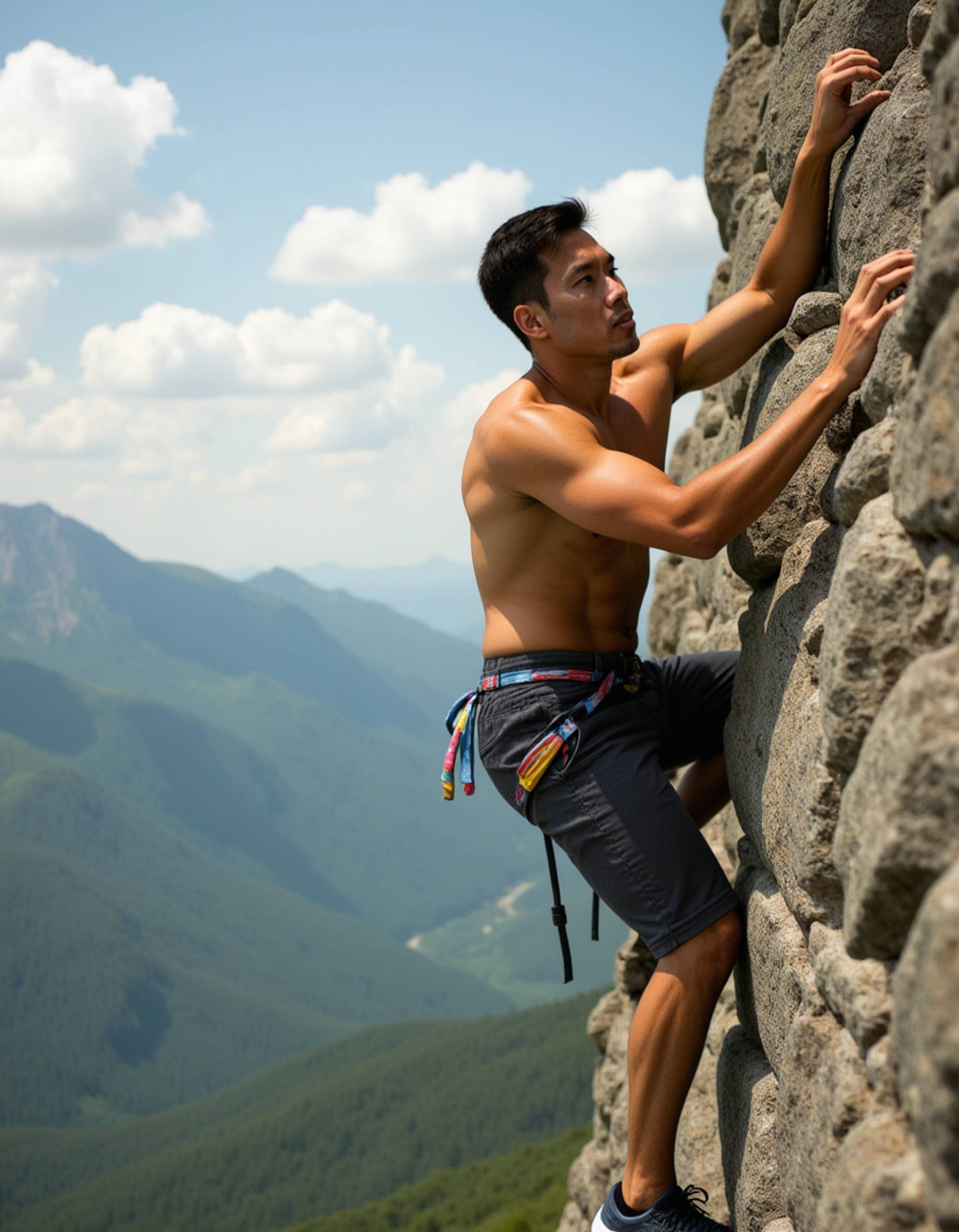 athletic masculine model rock climbing, action shot with mountain backdrop