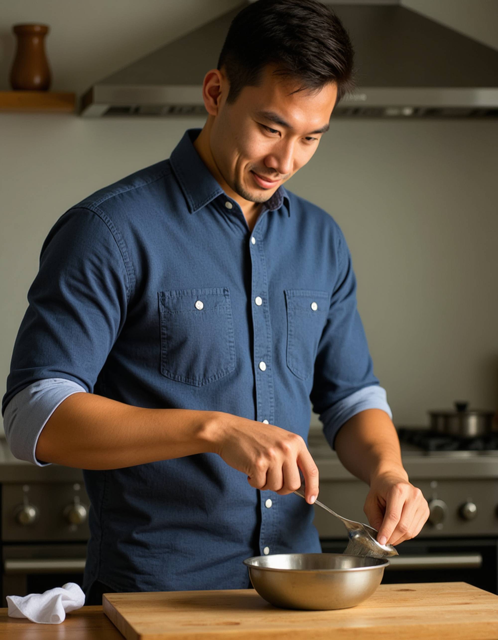 masculine model cooking in modern kitchen, sleeves rolled up, focused expression
