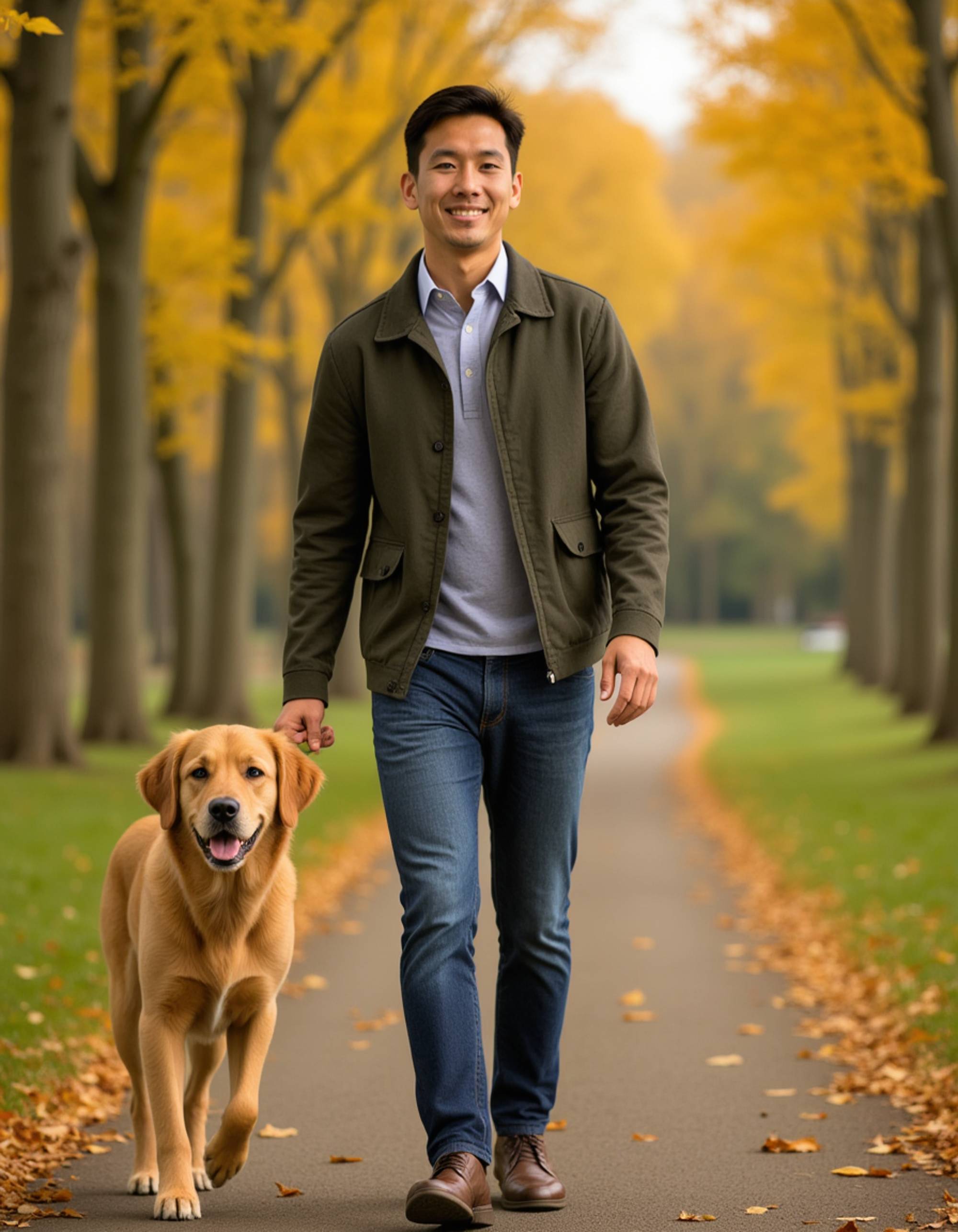 masculine model walking golden retriever in autumn park, candid laugh