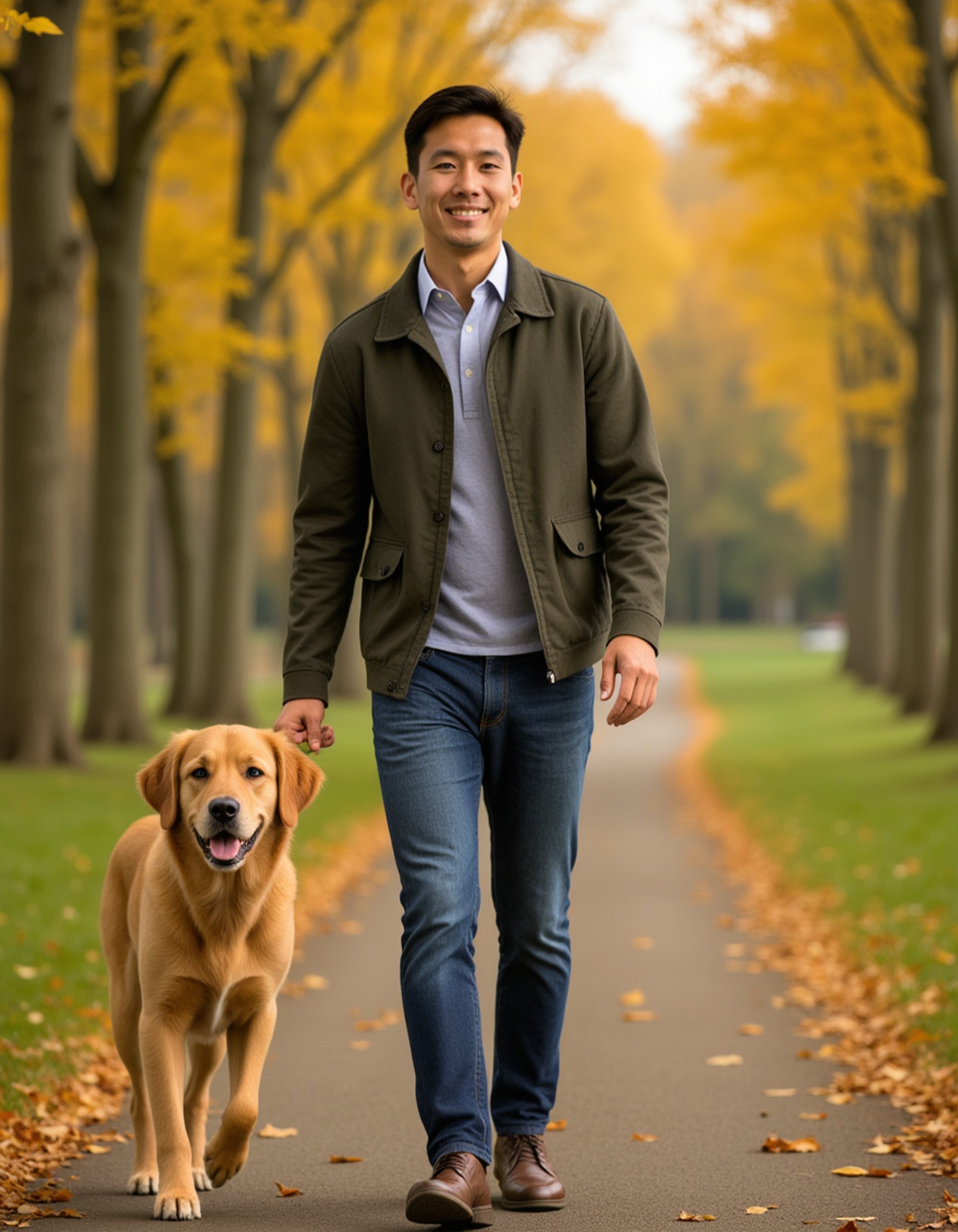 masculine model walking golden retriever in autumn park, candid laugh