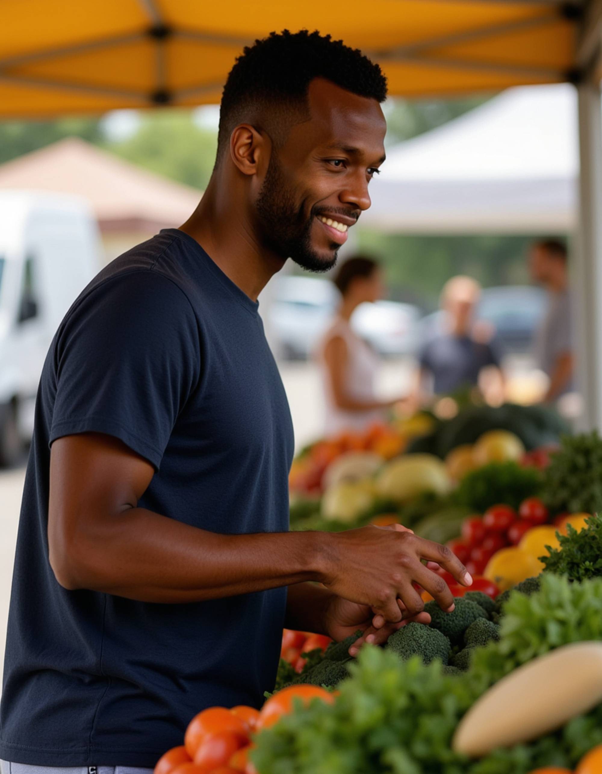 masculine model at farmers market, selecting fresh produce, approachable demeanor