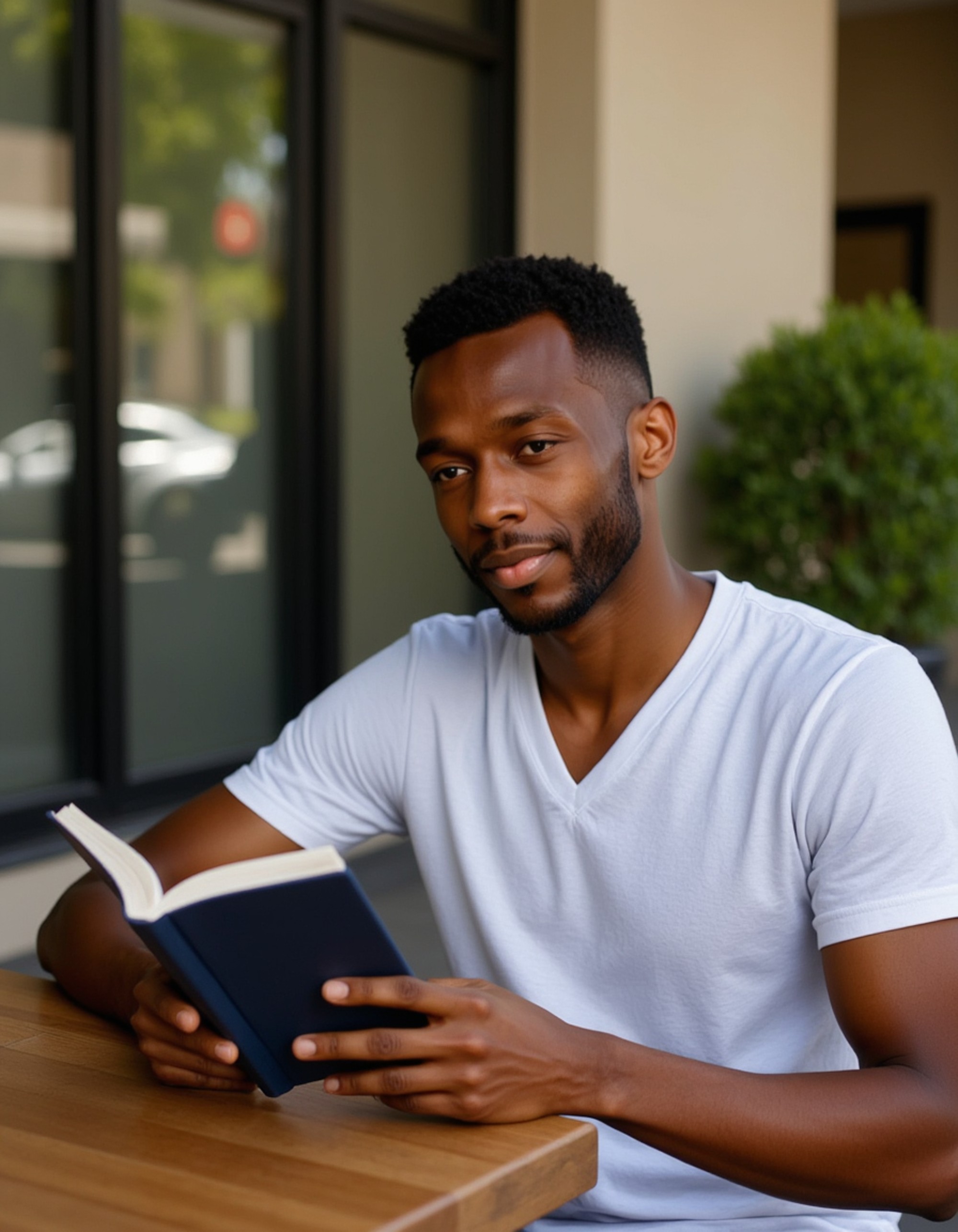 masculine model reading at outdoor café, morning sunlight, relaxed posture