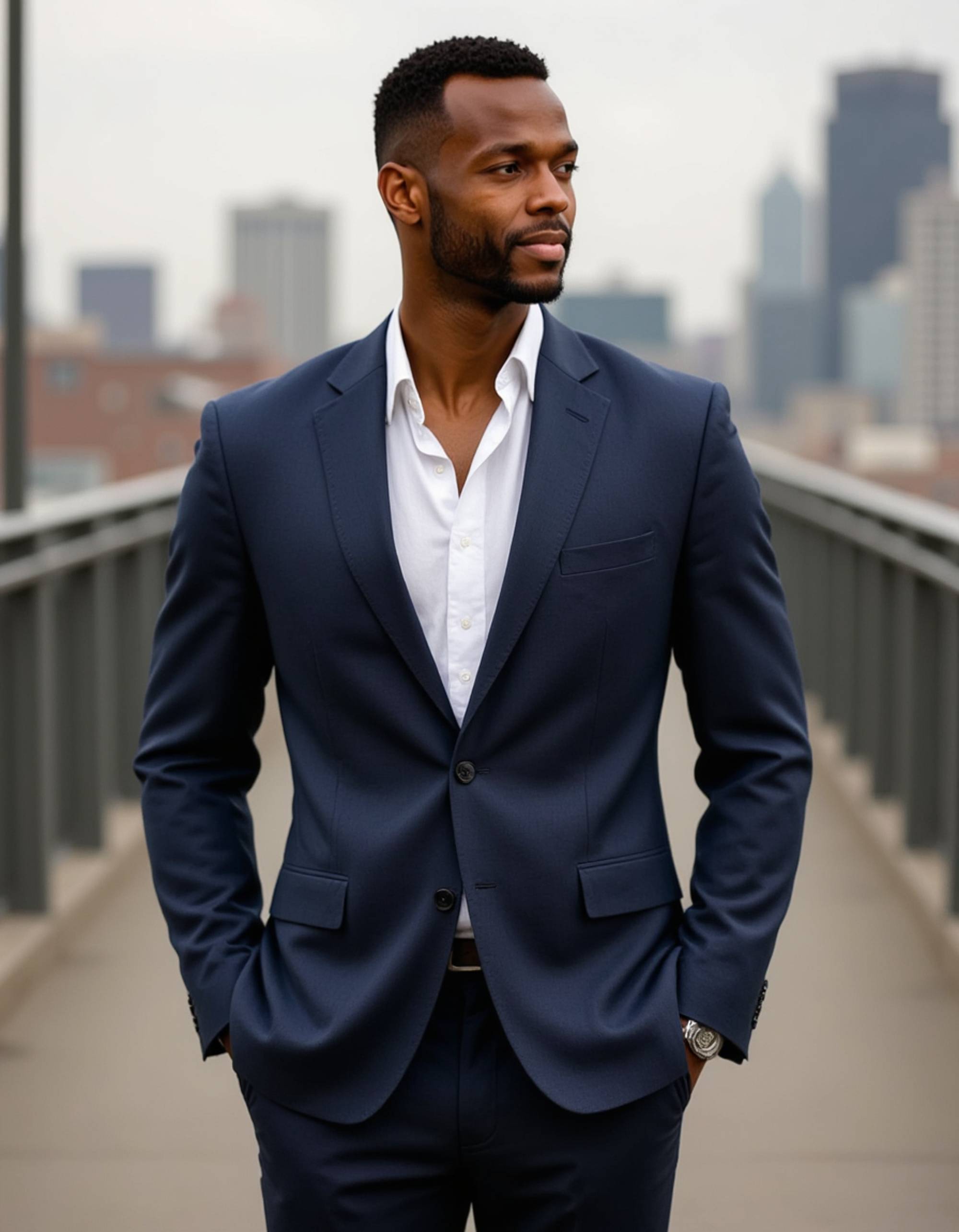 masculine model in well-fitted blazer, urban cityscape background, confident stance