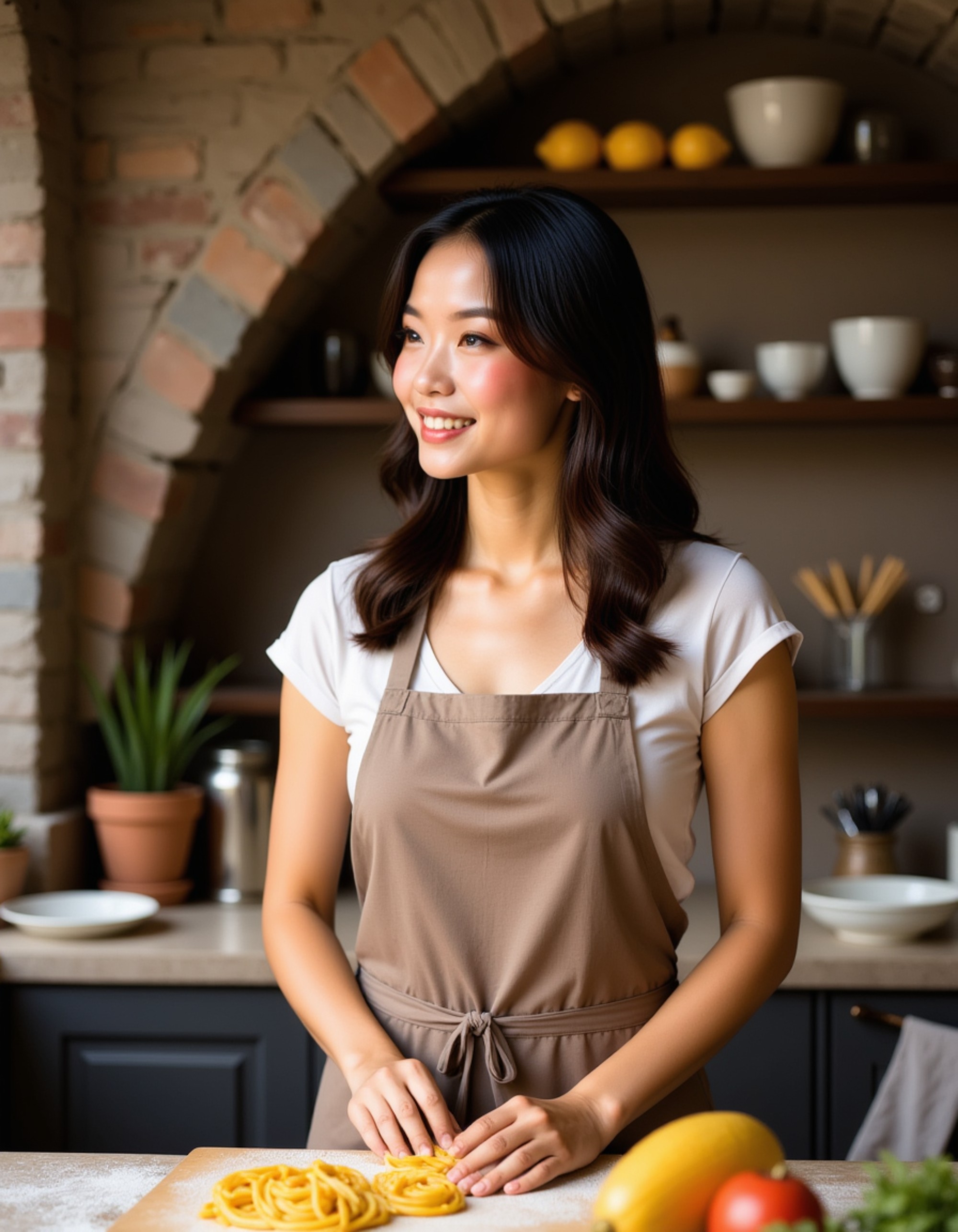 feminine model laughing while making pasta in rustic Italian kitchen, flour dusted apron, warm golden lighting