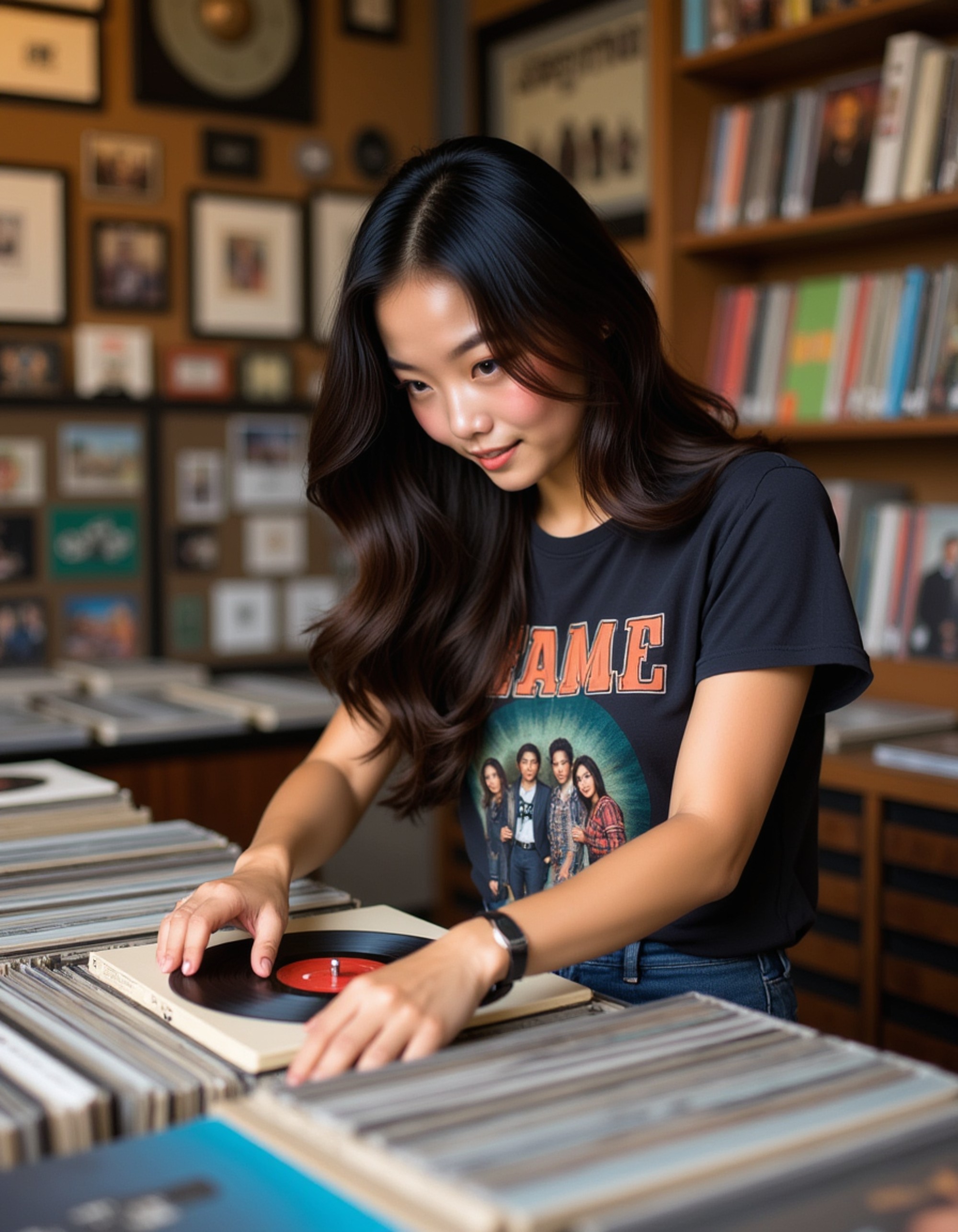 feminine model browsing vinyl records in vintage music store, retro band t-shirt, nostalgic atmosphere