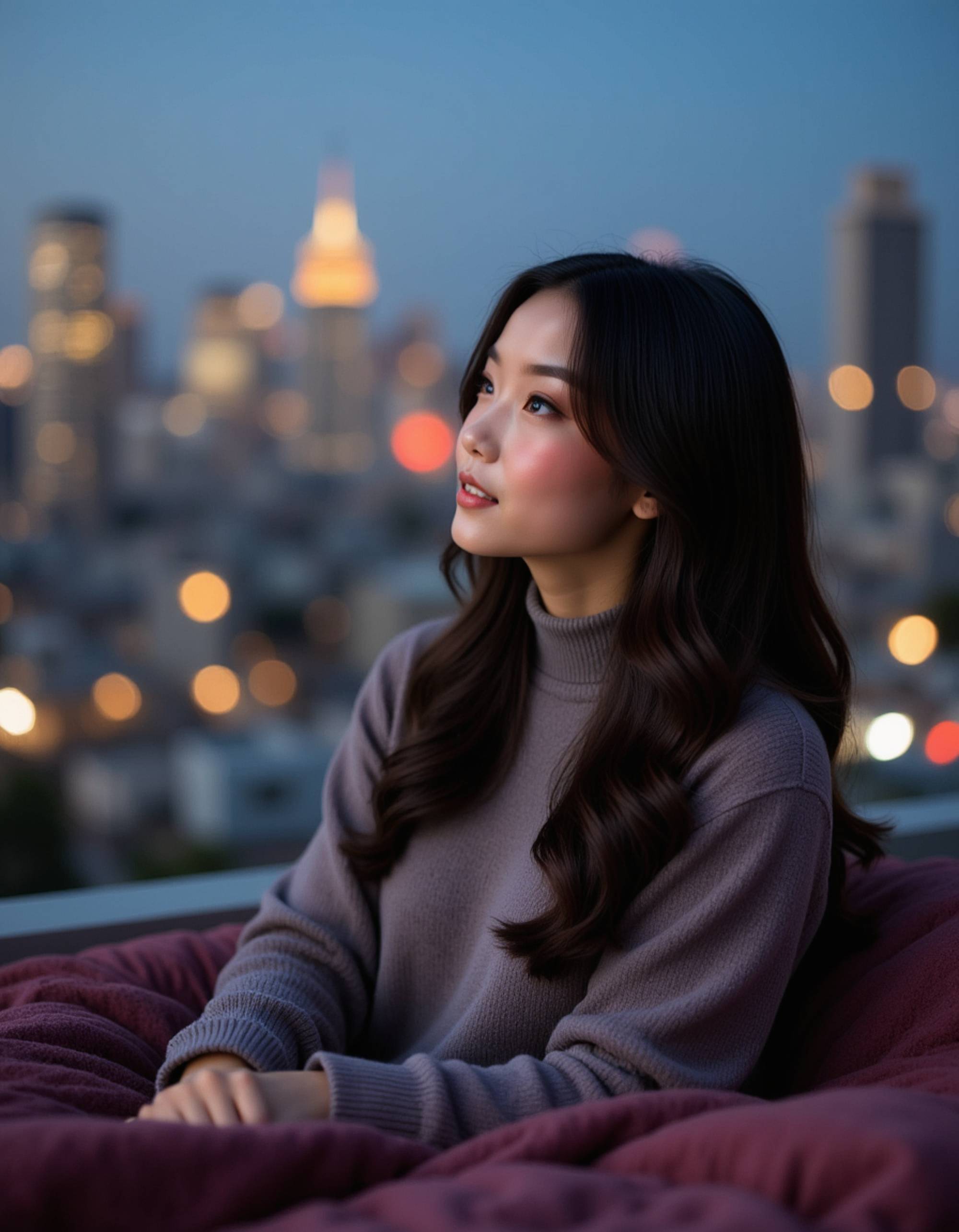 feminine model stargazing on rooftop blanket, cozy sweater, city skyline twinkling in background