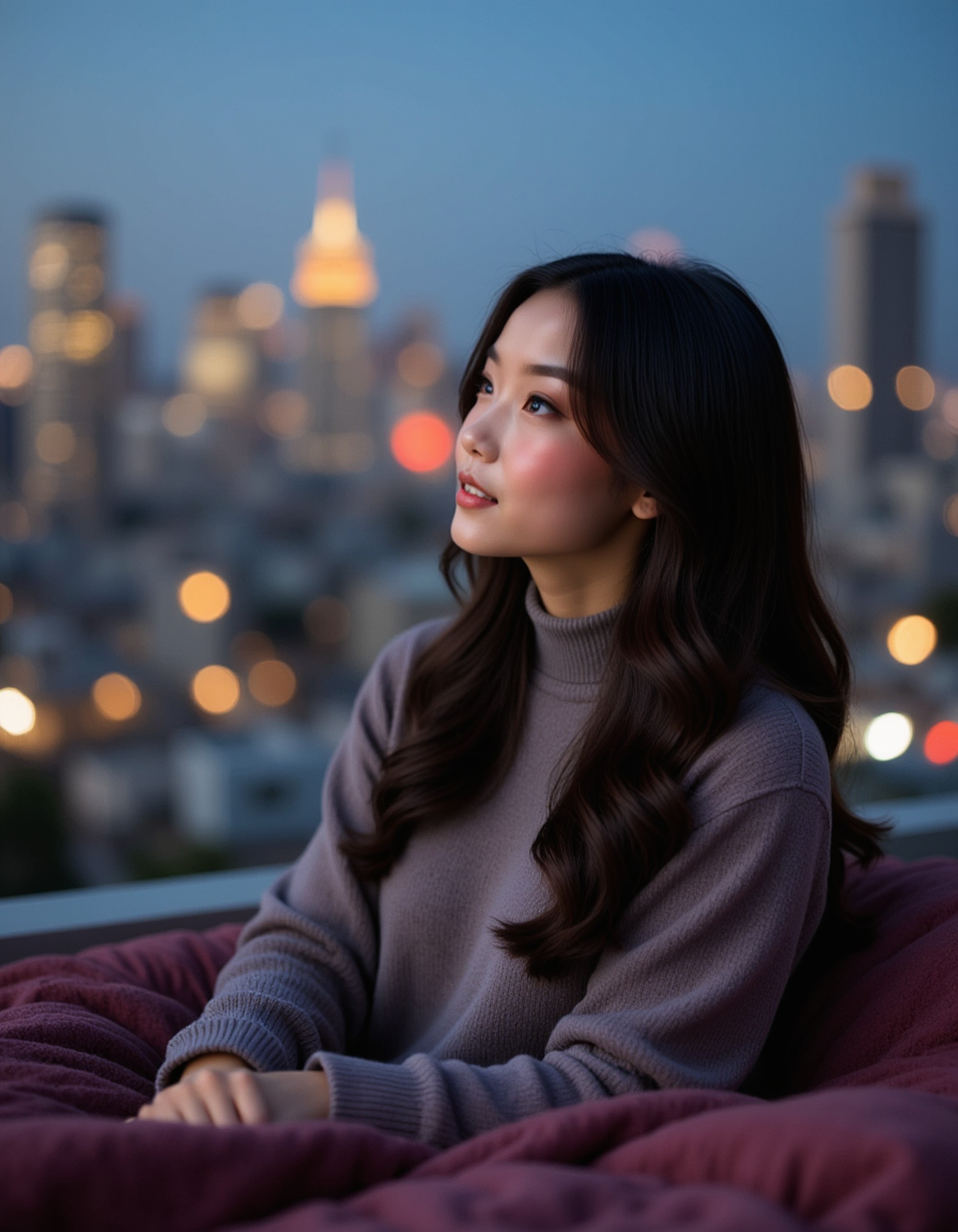 feminine model stargazing on rooftop blanket, cozy sweater, city skyline twinkling in background