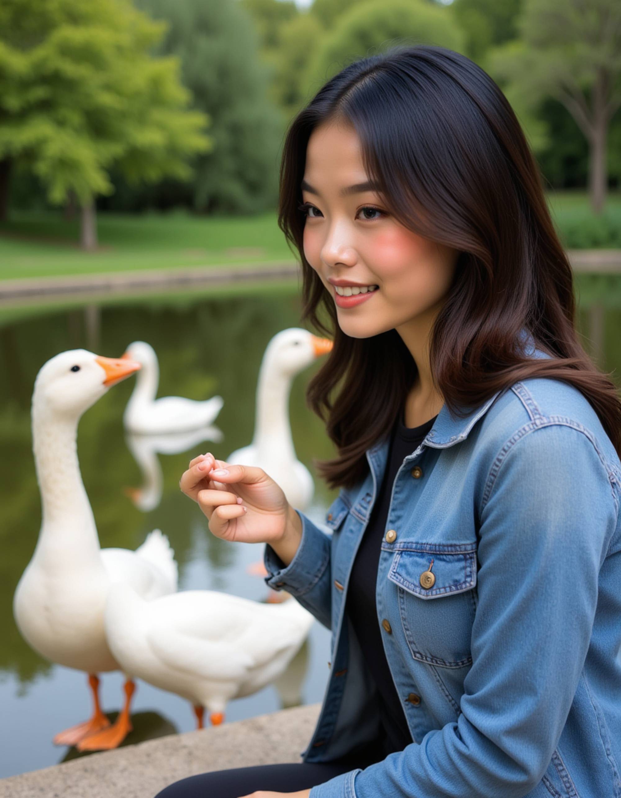feminine model feeding ducks at peaceful pond, casual denim jacket, genuine moment of joy