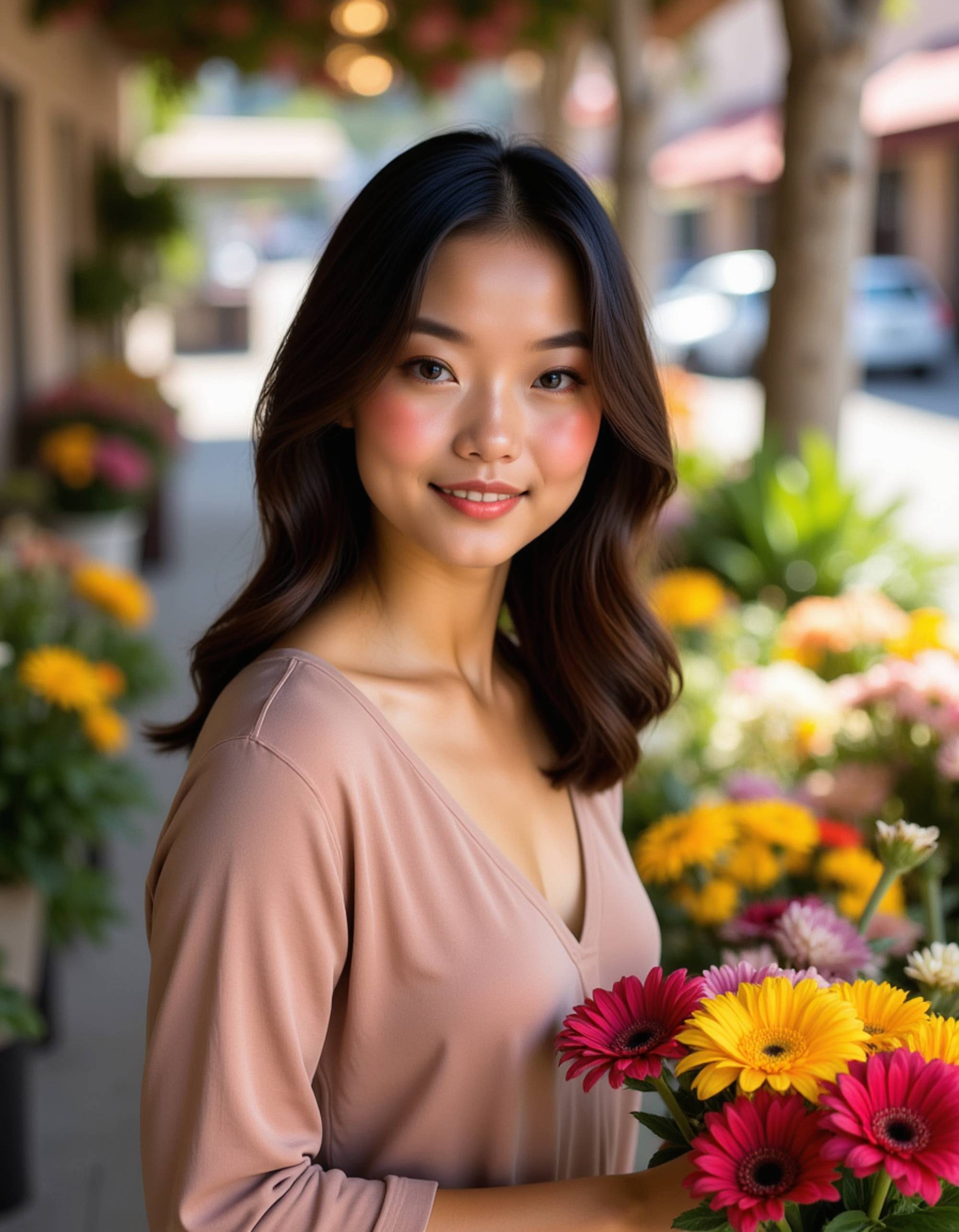 feminine model arranging fresh flowers at local market stall, bohemian style dress, morning sunbeams