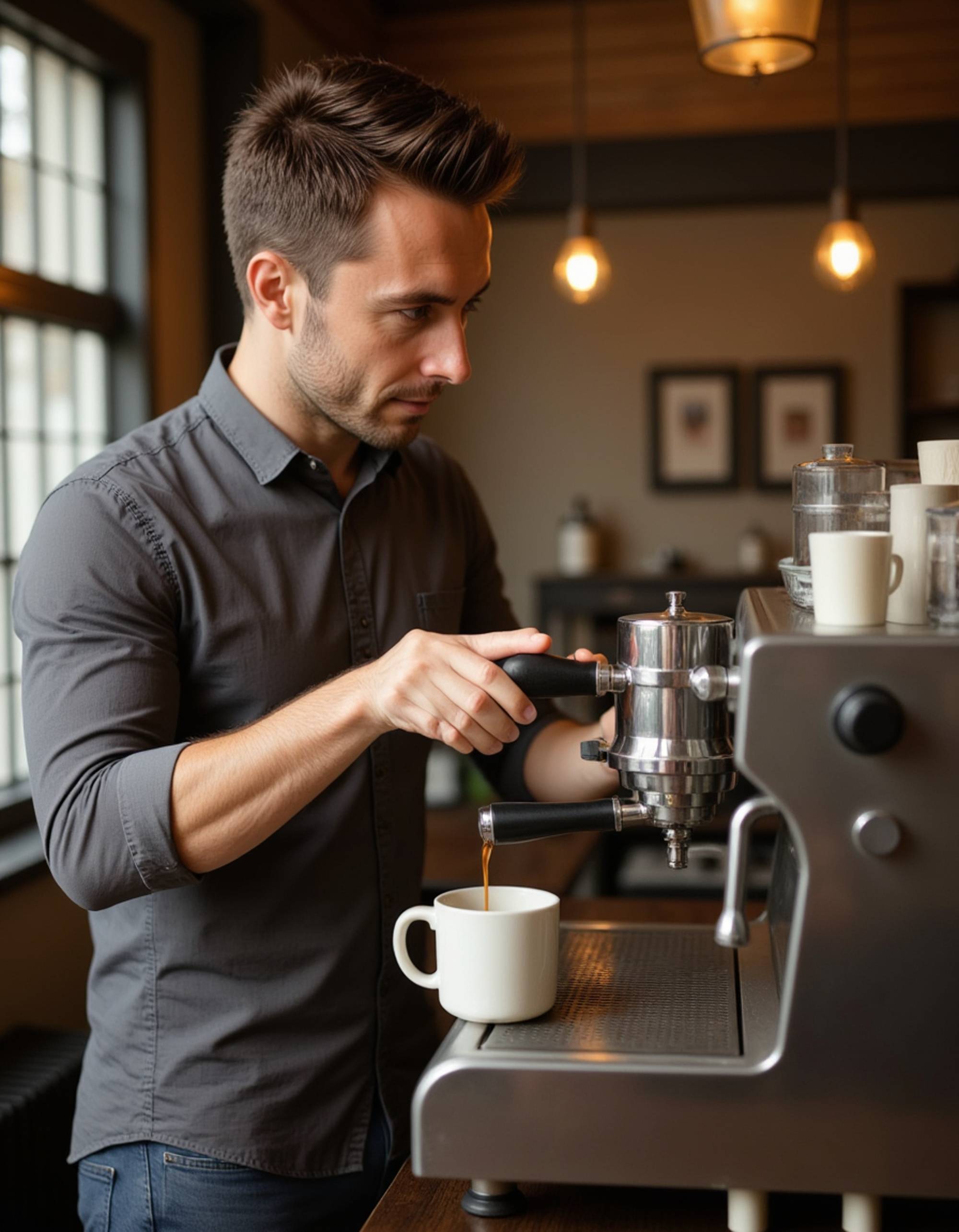 masculine model brewing coffee with vintage espresso machine, rolled-up sleeves, concentrated expression, warm morning light