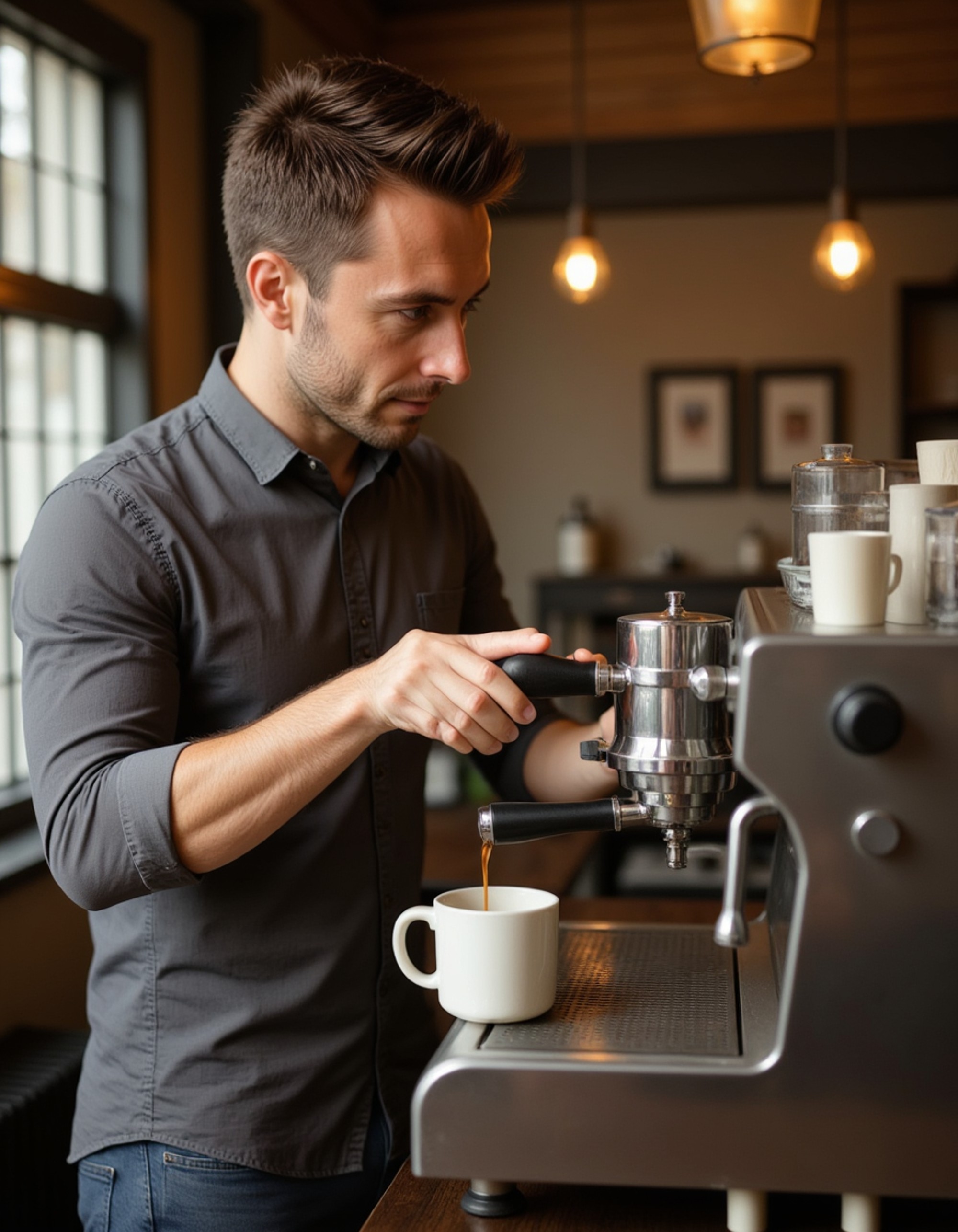 masculine model brewing coffee with vintage espresso machine, rolled-up sleeves, concentrated expression, warm morning light