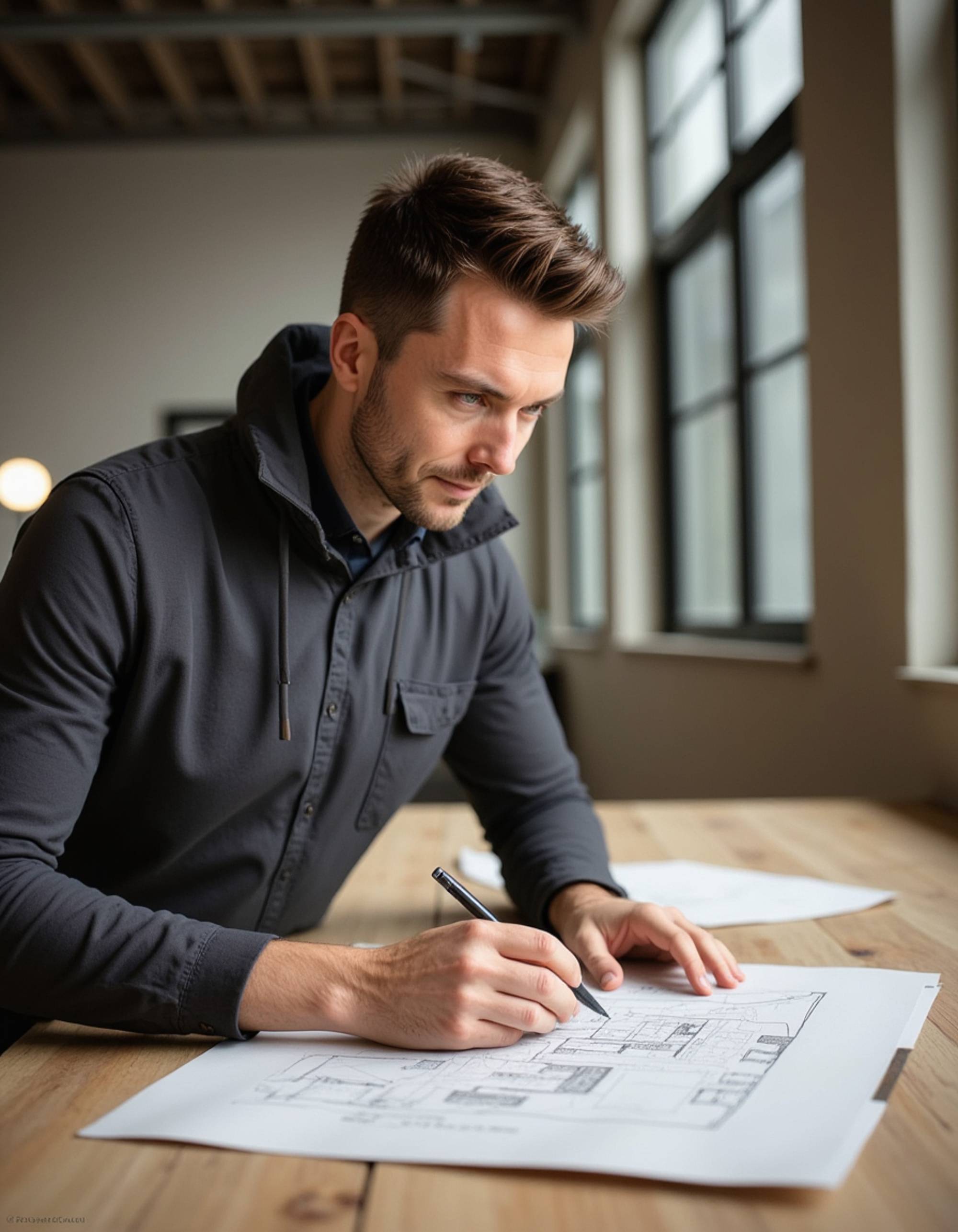 masculine model sketching architectural designs at drafting table, focused creative energy, industrial loft setting