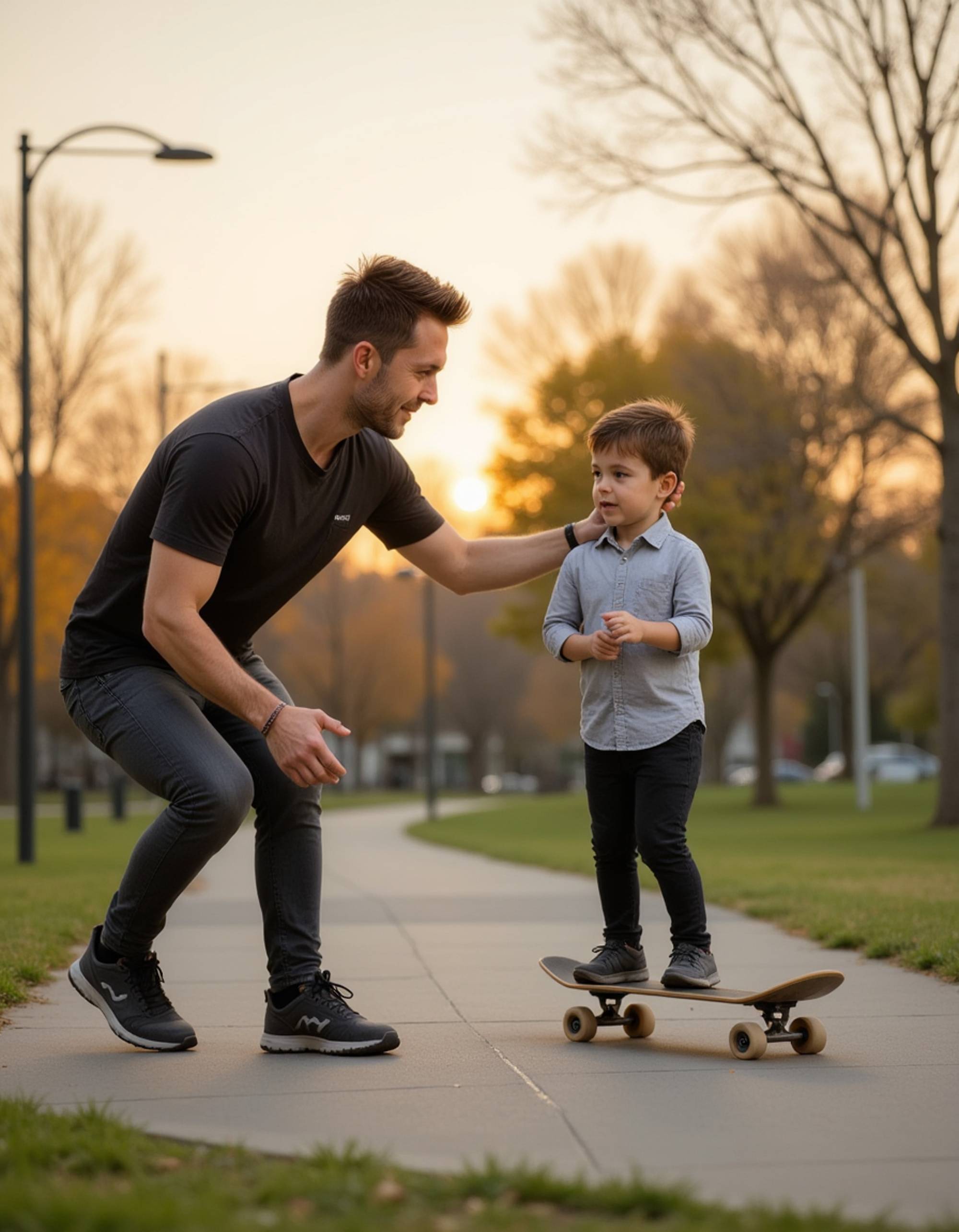 masculine model teaching young child to skateboard in neighborhood park, patient smile, golden hour lighting
