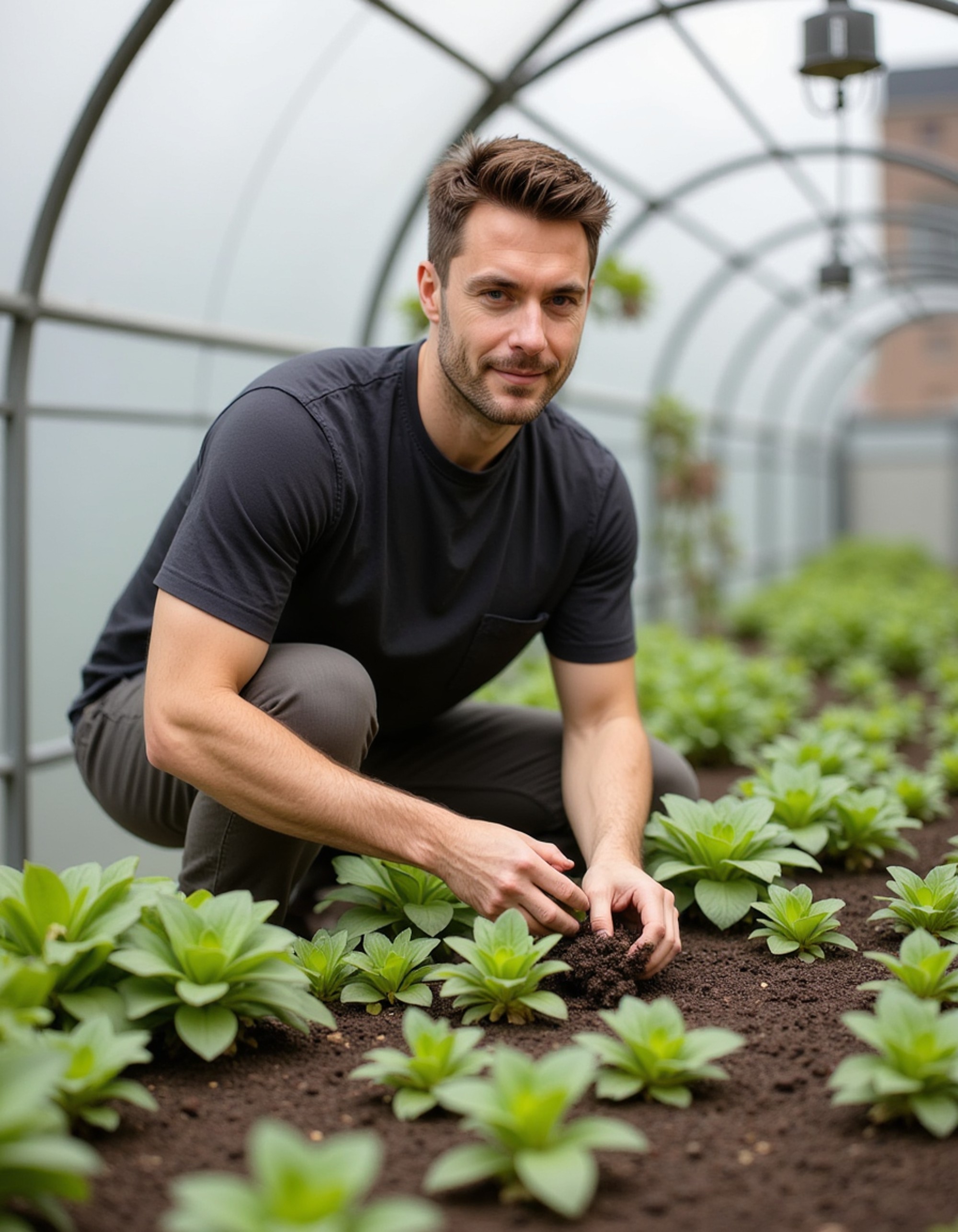 masculine model tending to rooftop garden, soil-stained hands, urban greenhouse backdrop, satisfied expression
