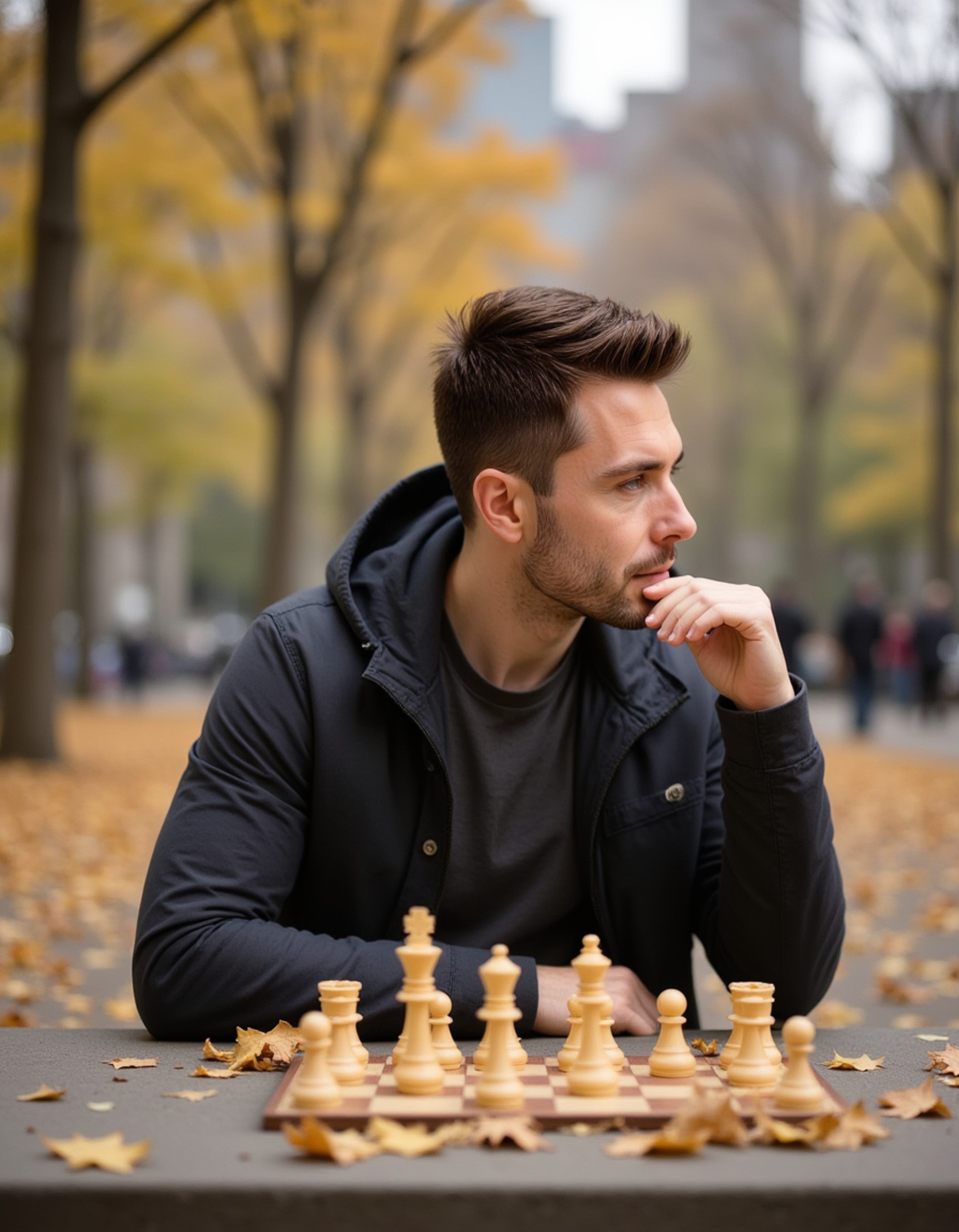 masculine model playing chess in Washington Square Park, thoughtful pose, autumn leaves scattered around