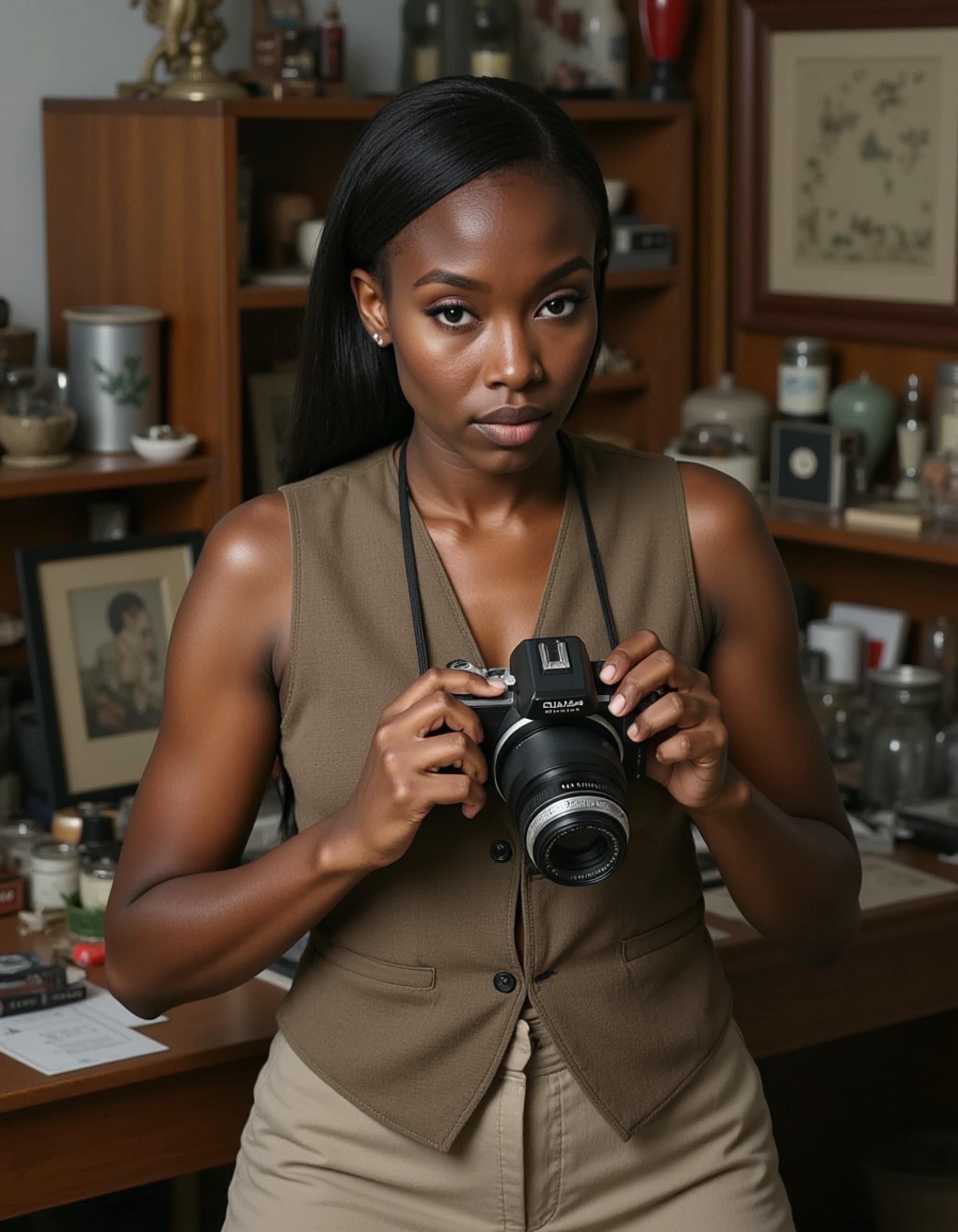 feminine model adjusting vintage camera settings at antique flea market, photographer's vest, curious exploration