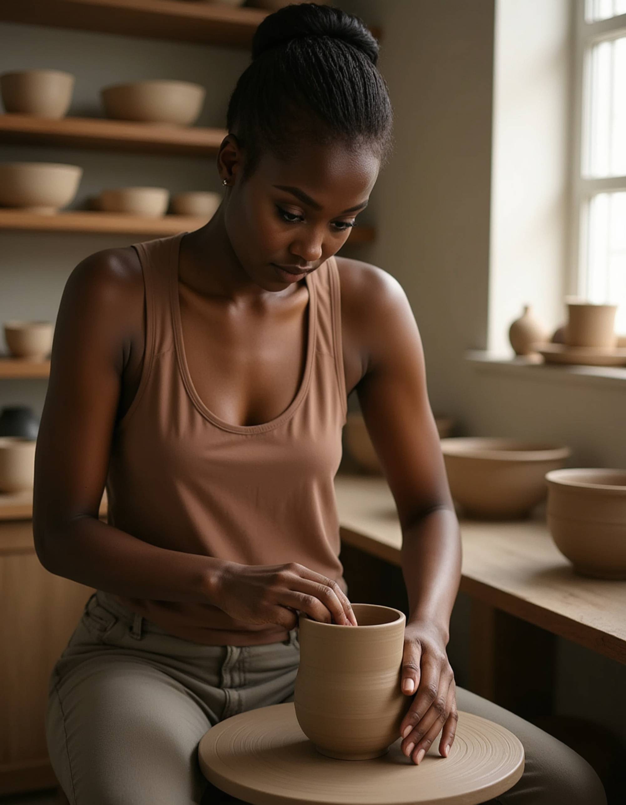feminine model spinning pottery wheel in sunlit ceramics studio, clay-stained hands, artistic concentration