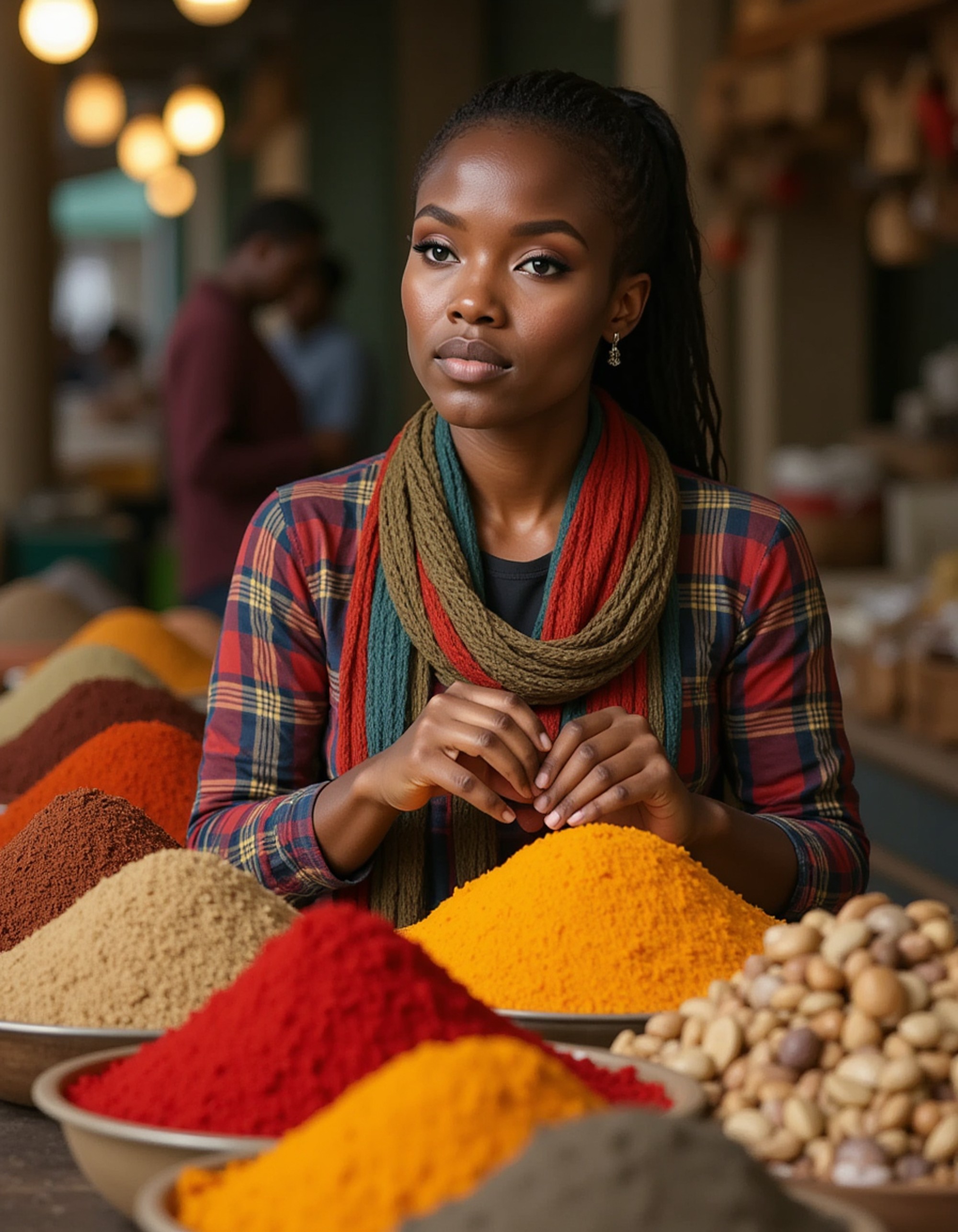 feminine model organizing colorful spices at bustling international food market, flowing scarf, cultural immersion