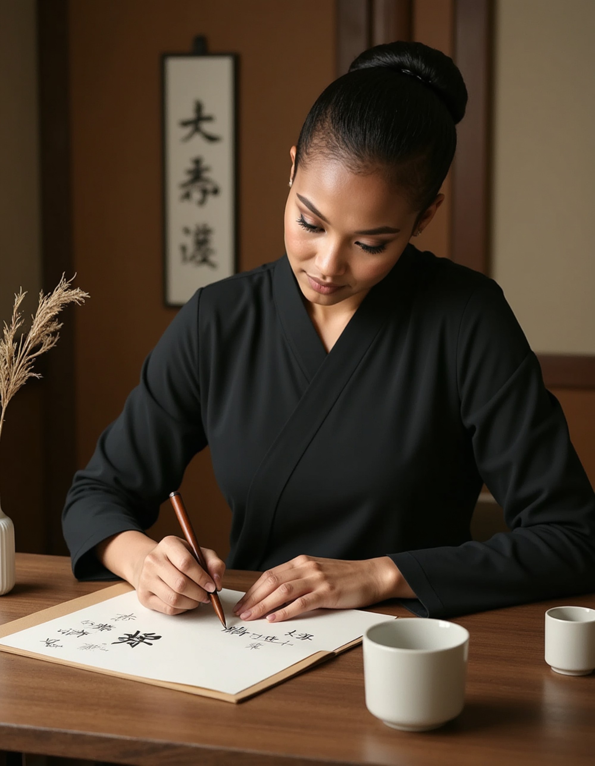 feminine model practicing calligraphy at traditional tea house, elegant posture, peaceful zen atmosphere