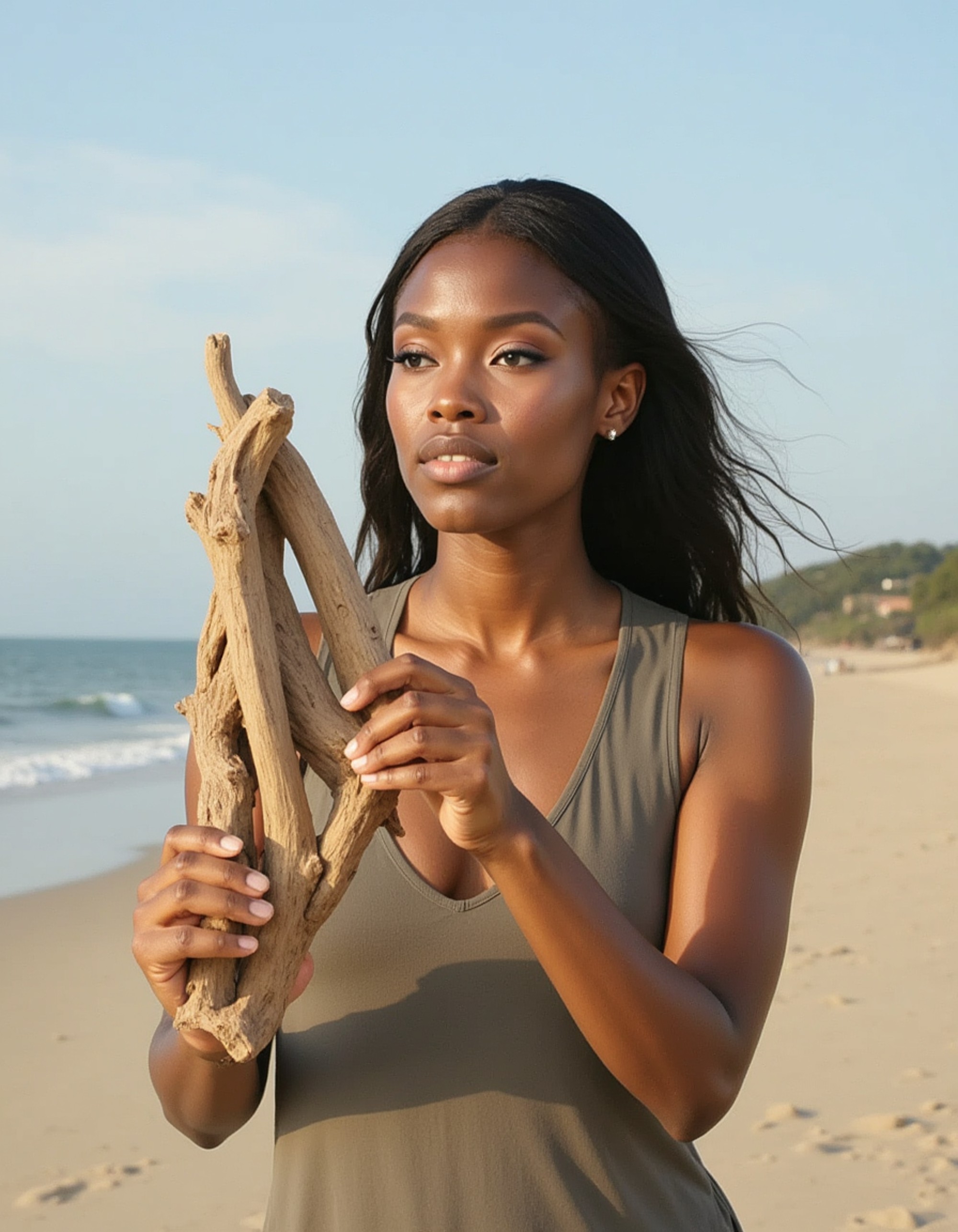 feminine model building driftwood sculpture on sandy beach, artistic focus, ocean breeze in flowing hair