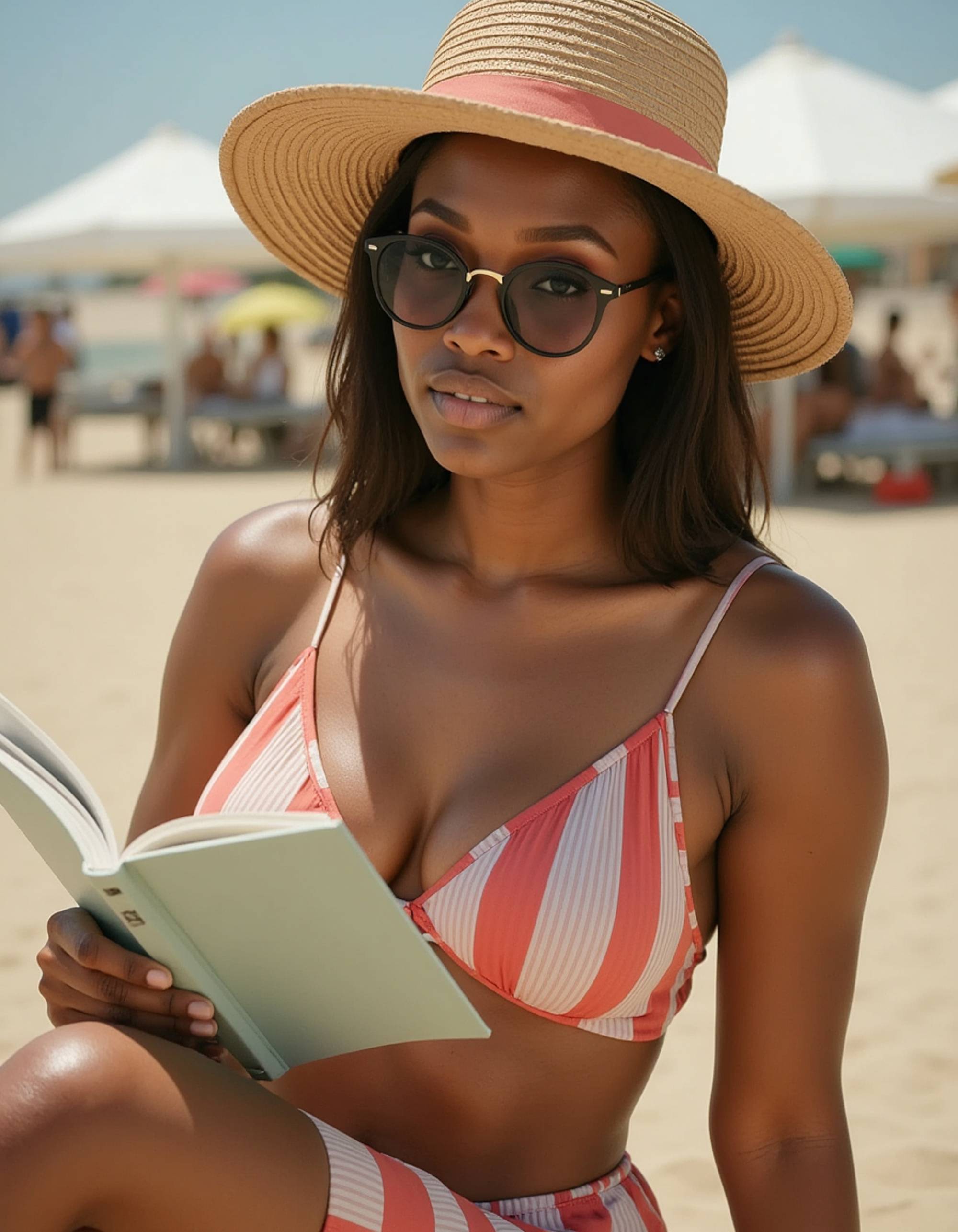 feminine model reading novel under striped beach umbrella, vintage sunglasses, peaceful afternoon setting