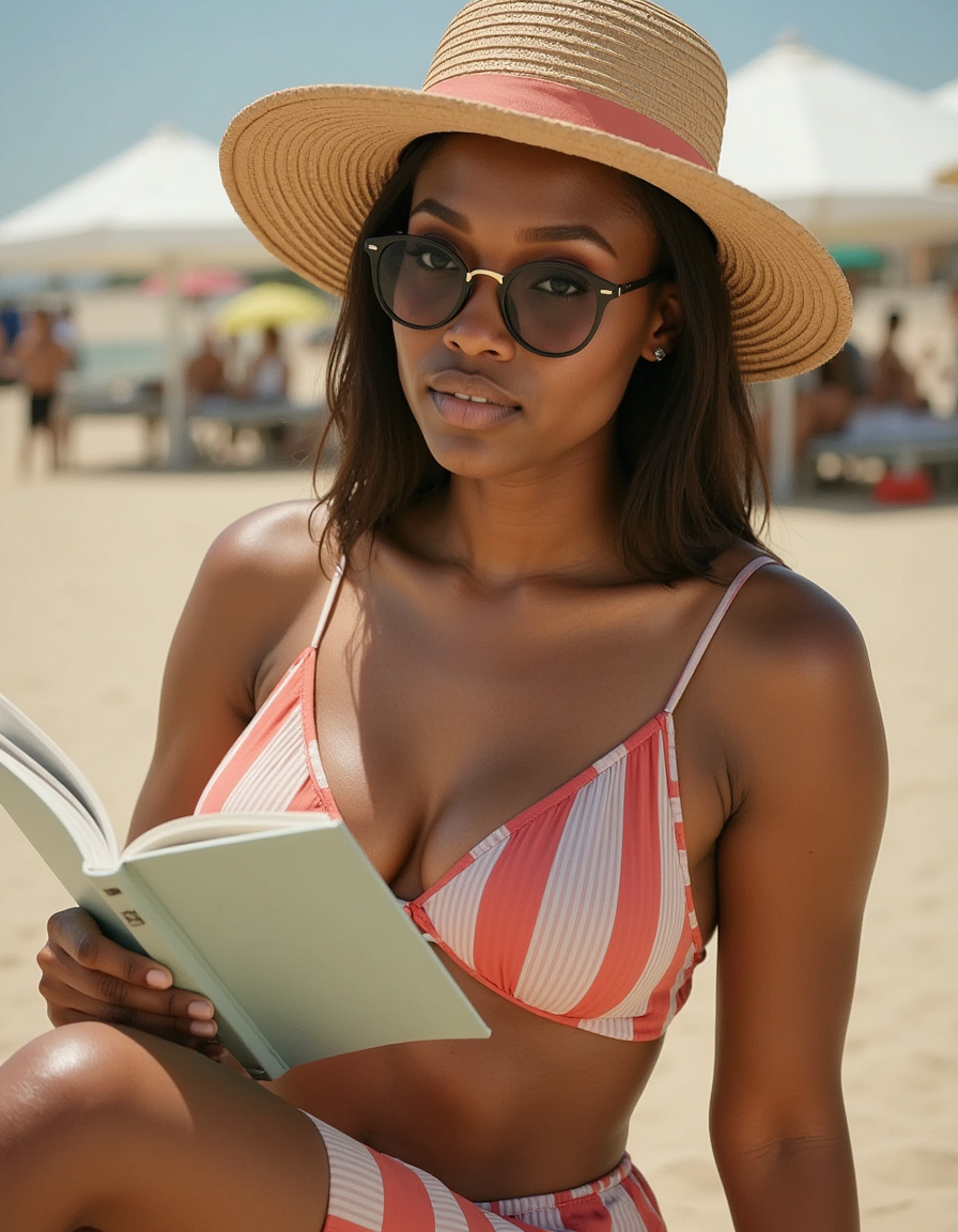 feminine model reading novel under striped beach umbrella, vintage sunglasses, peaceful afternoon setting