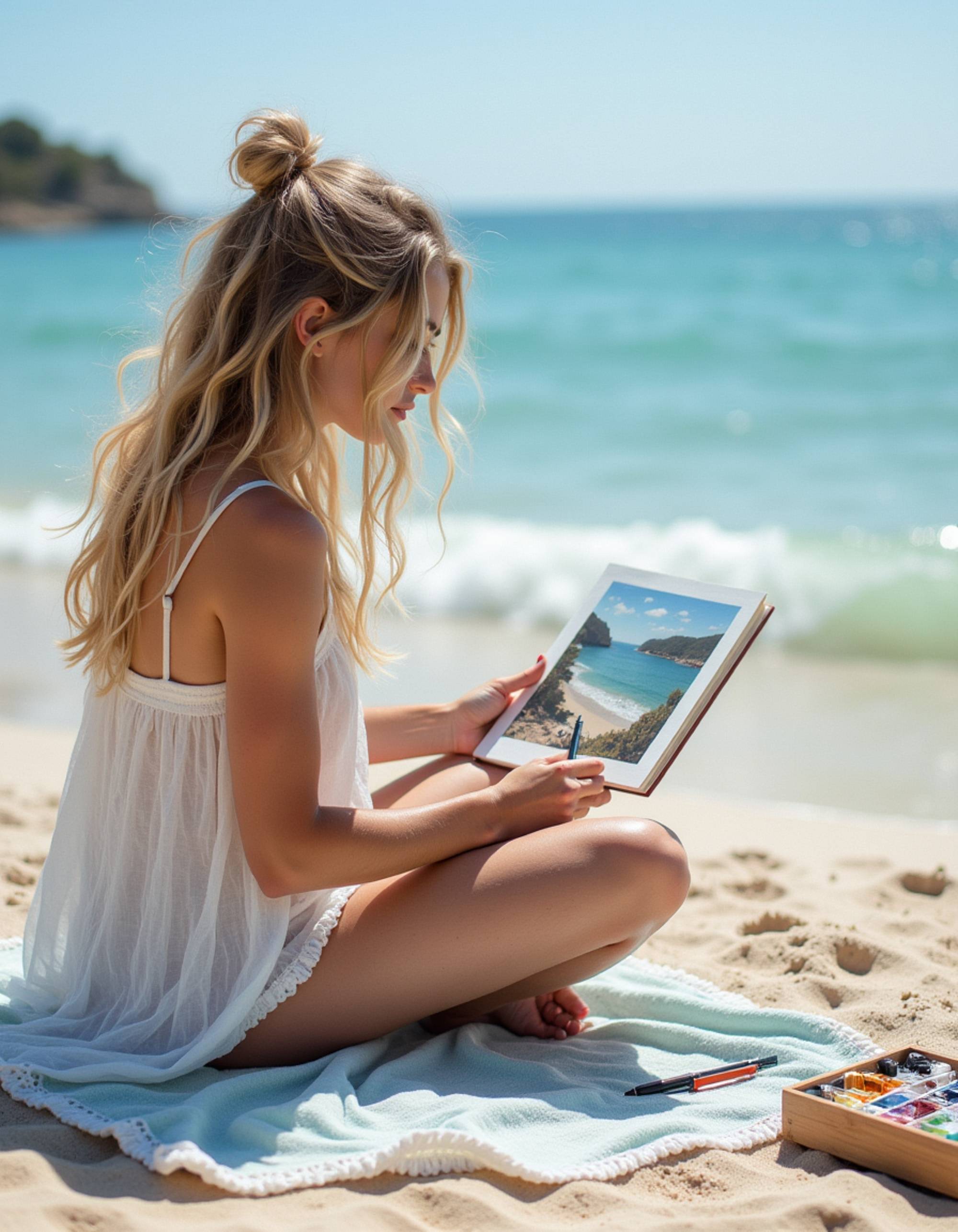 feminine model sketching seascape in art journal, cross-legged on beach towel, watercolor paints nearby