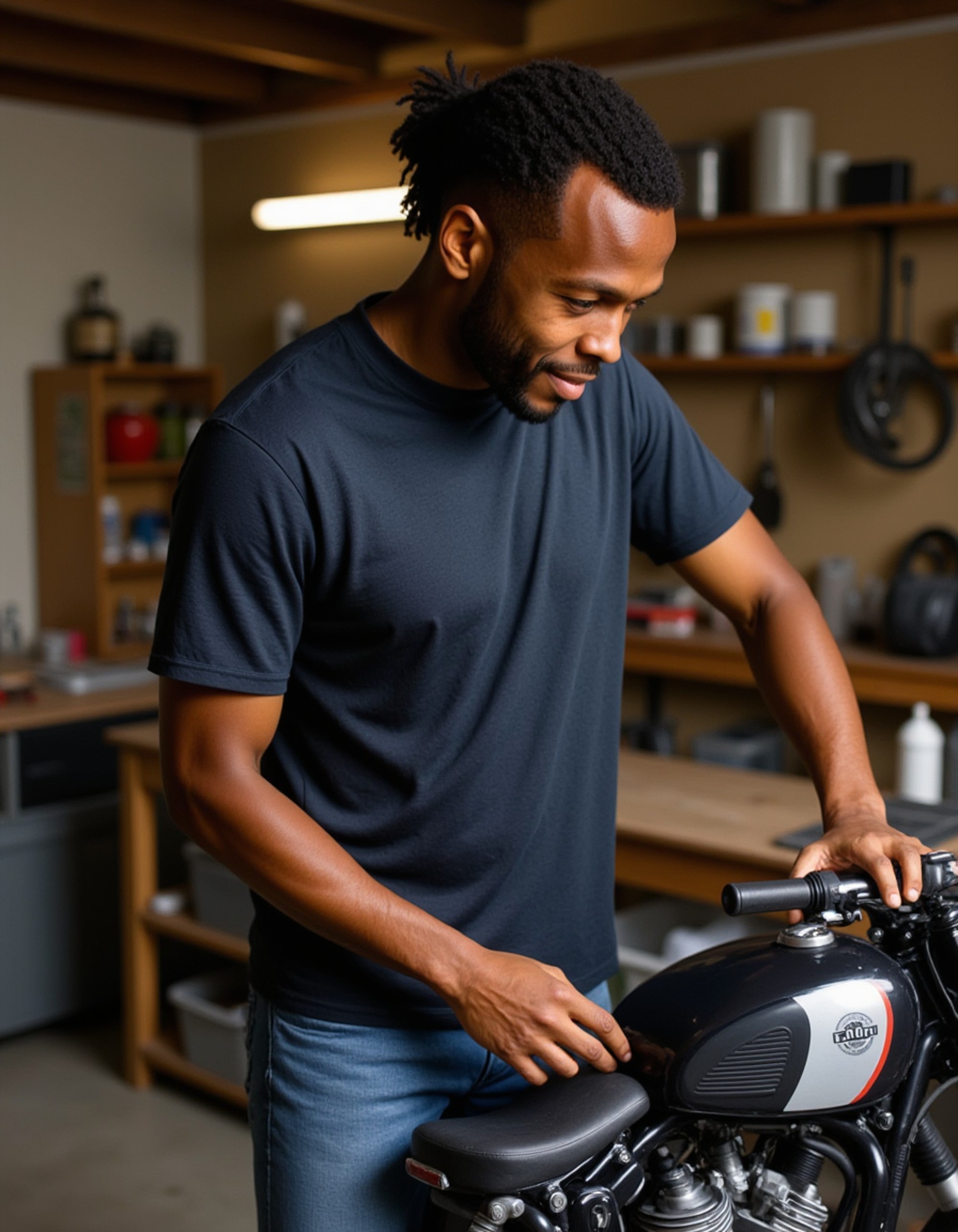 masculine model restoring vintage motorcycle in garage workshop, focused concentration, tools scattered around workbench