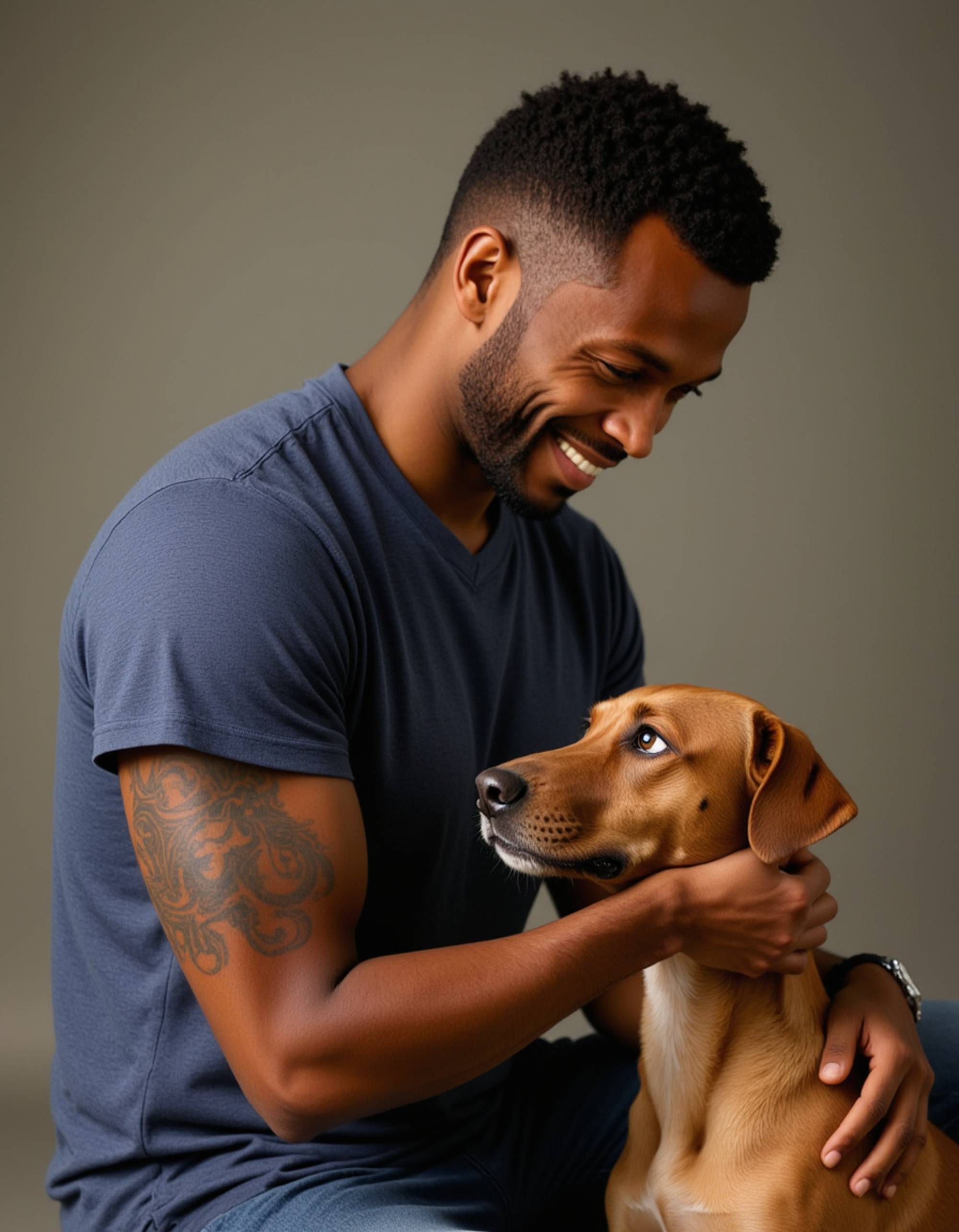masculine model volunteering at animal shelter, gentle interaction with rescue dog, compassionate expression