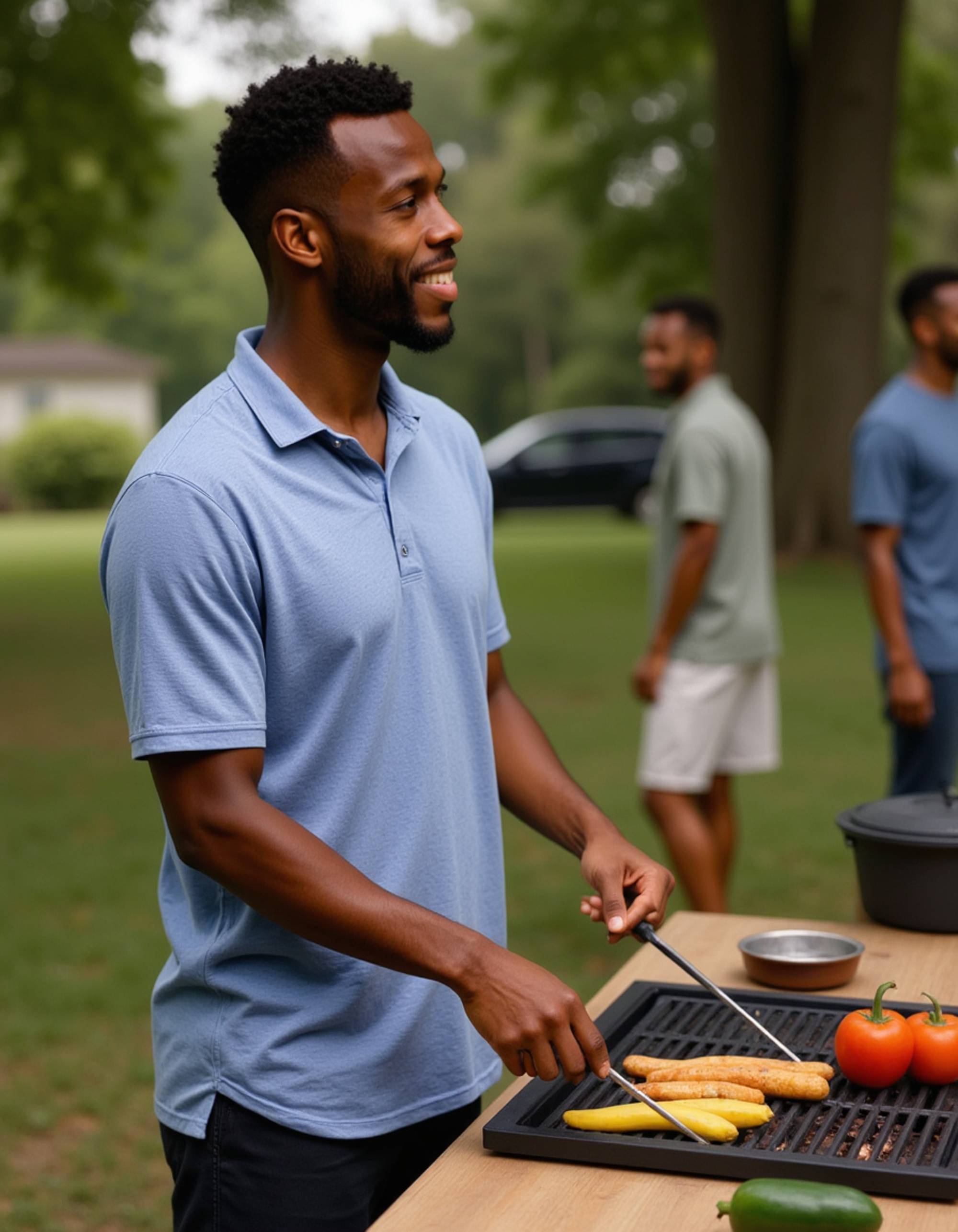 masculine model grilling vegetables at weekend barbecue, casual polo shirt, genuine laughter with friends nearby