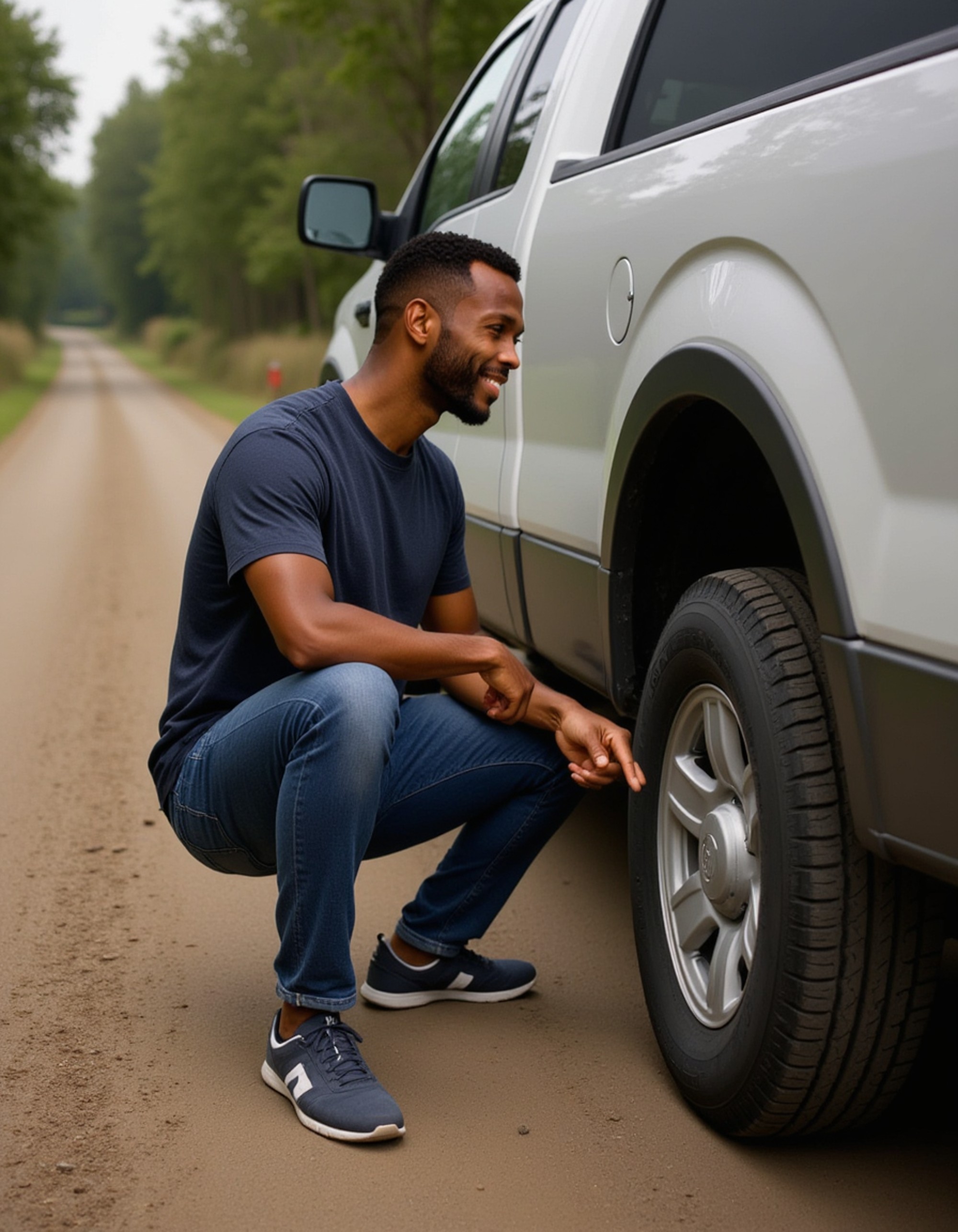 masculine model changing flat tire on country road, rolled sleeves, helpful and capable demeanor