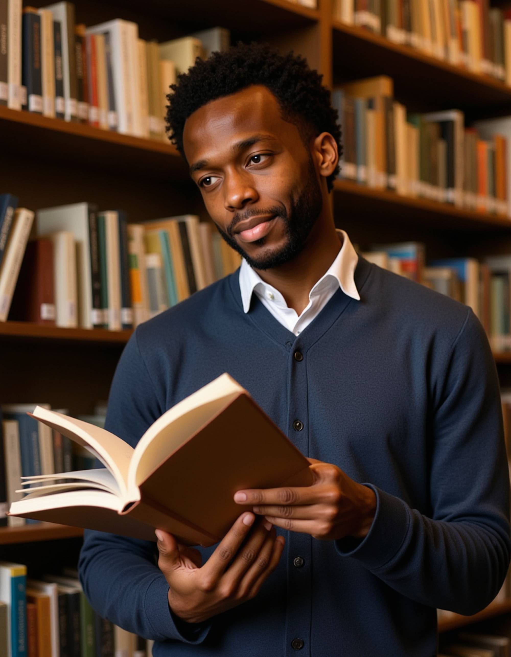 masculine model browsing books at independent bookstore, cozy cardigan, thoughtful book selection process