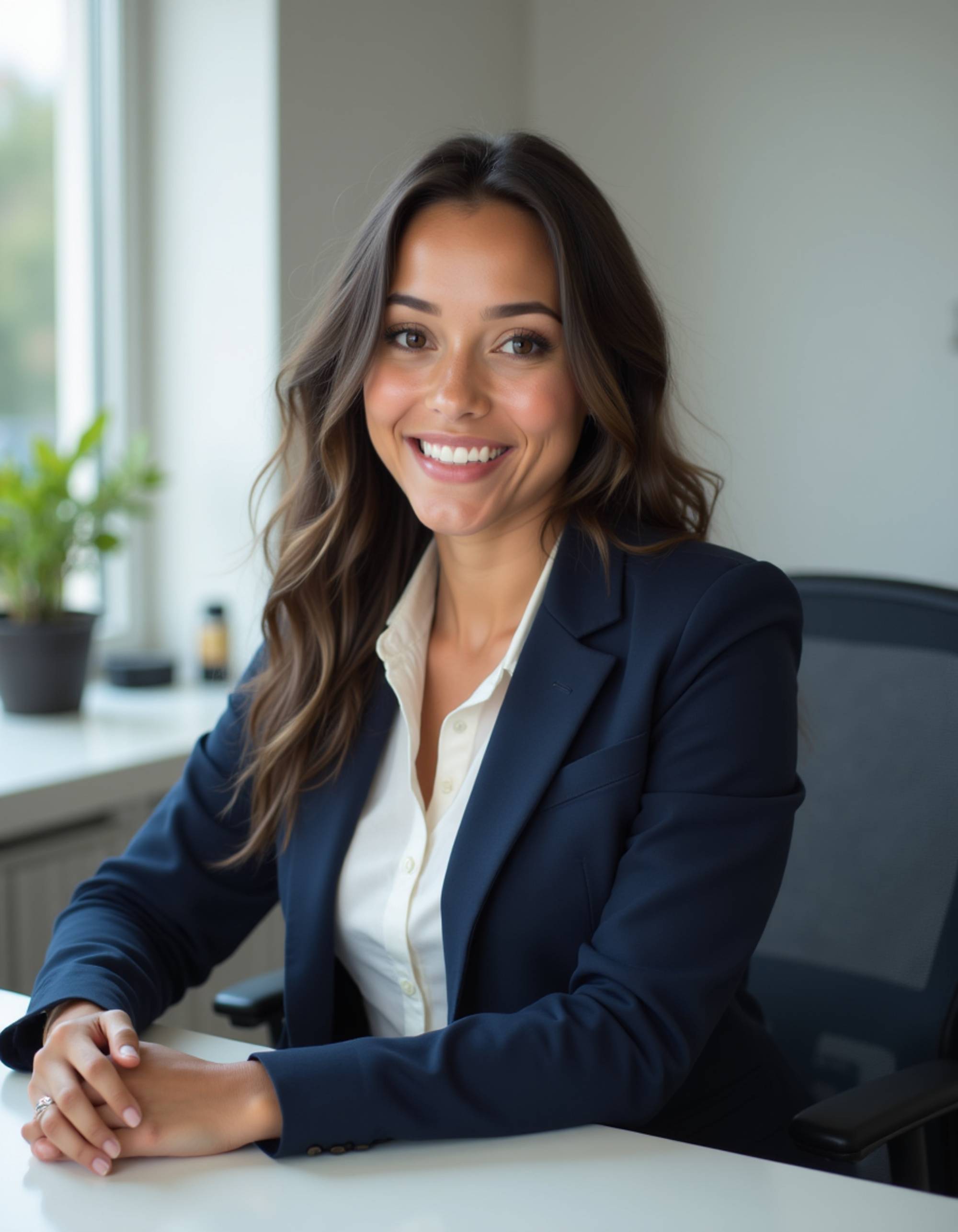 8k professional headshot of model, sitting at modern office desk, elegant navy blazer over white blouse, subtle makeup, confident smile, natural lighting from window, corporate backdrop, sharp focus, business professional atmosphere