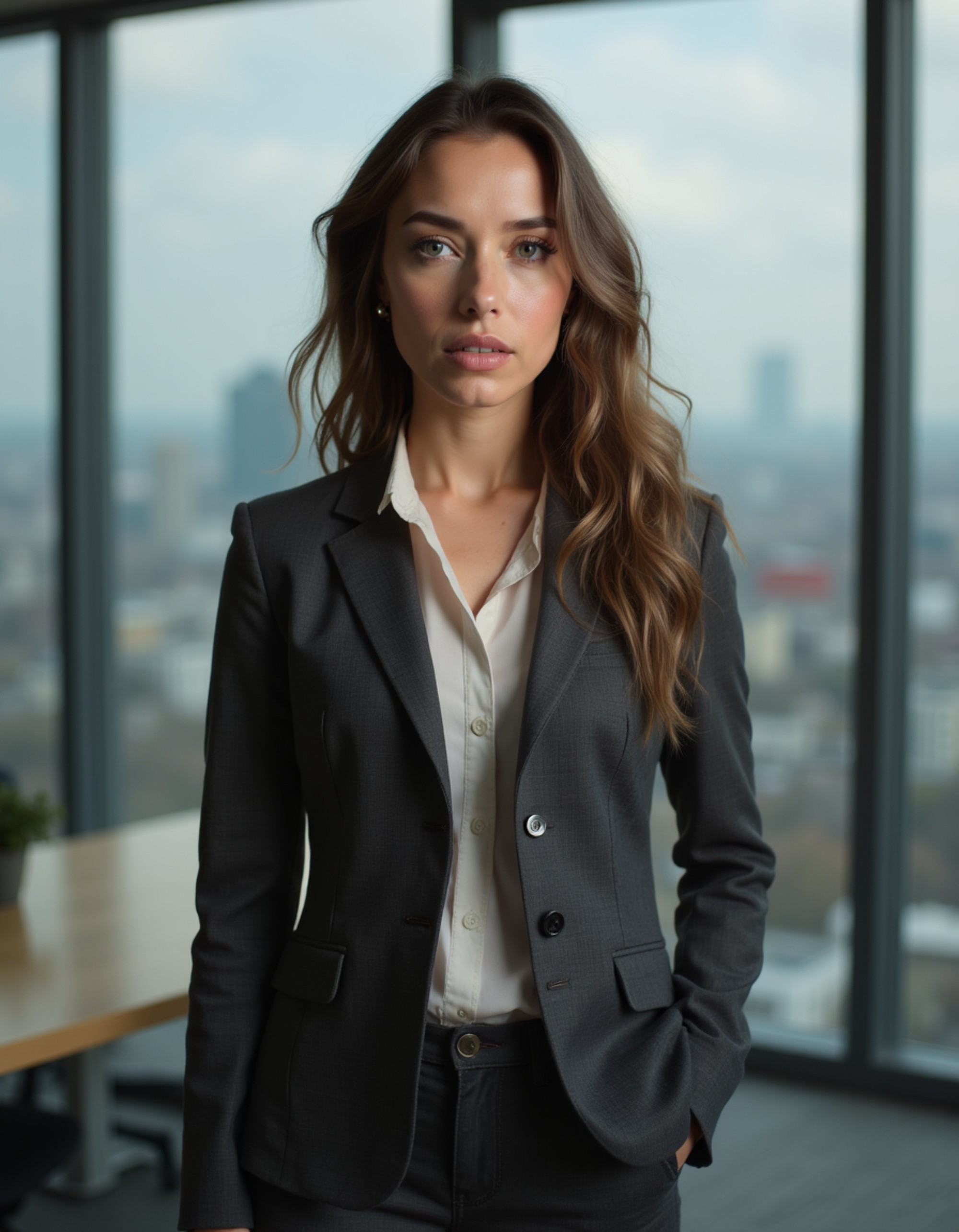 headshot of model, standing in executive office, tailored charcoal suit jacket, silk blouse, pearl earrings, neutral expression, studio lighting, cityscape view through glass windows, high-definition, professional posture
