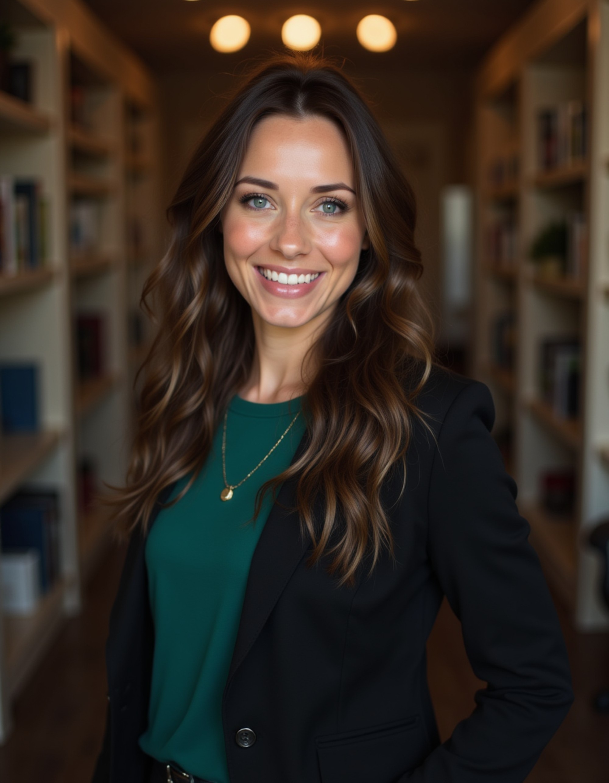 professional headshot of model, standing beside office bookshelf, black blazer over emerald blouse, subtle contouring makeup, natural confident expression, ambient lighting, corporate library setting, high-definition, business professional
