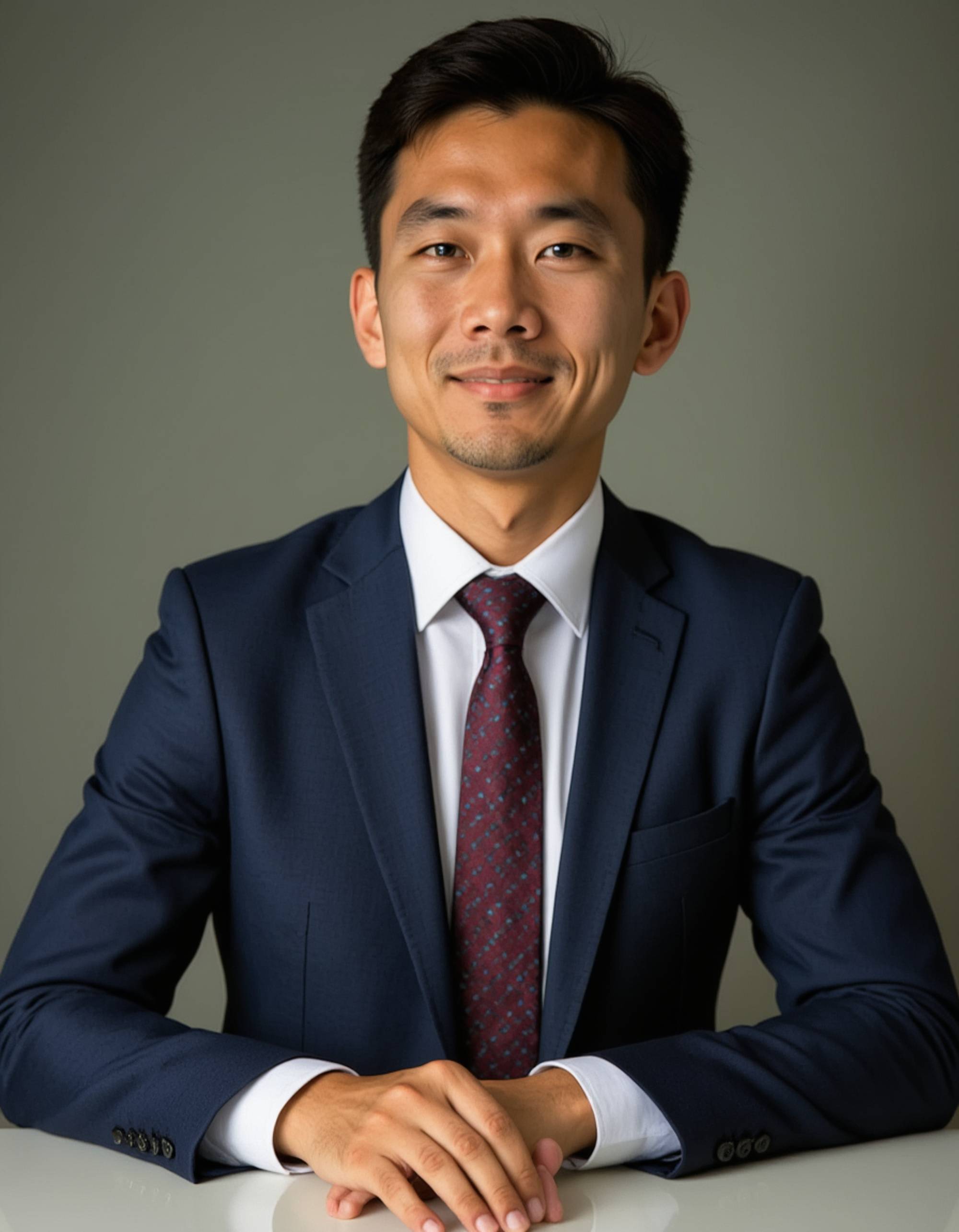 8k professional headshot of model, sitting at executive desk, navy blue suit with white dress shirt and burgundy tie, confident expression, natural office lighting, modern corporate backdrop, sharp focus, business professional atmosphere