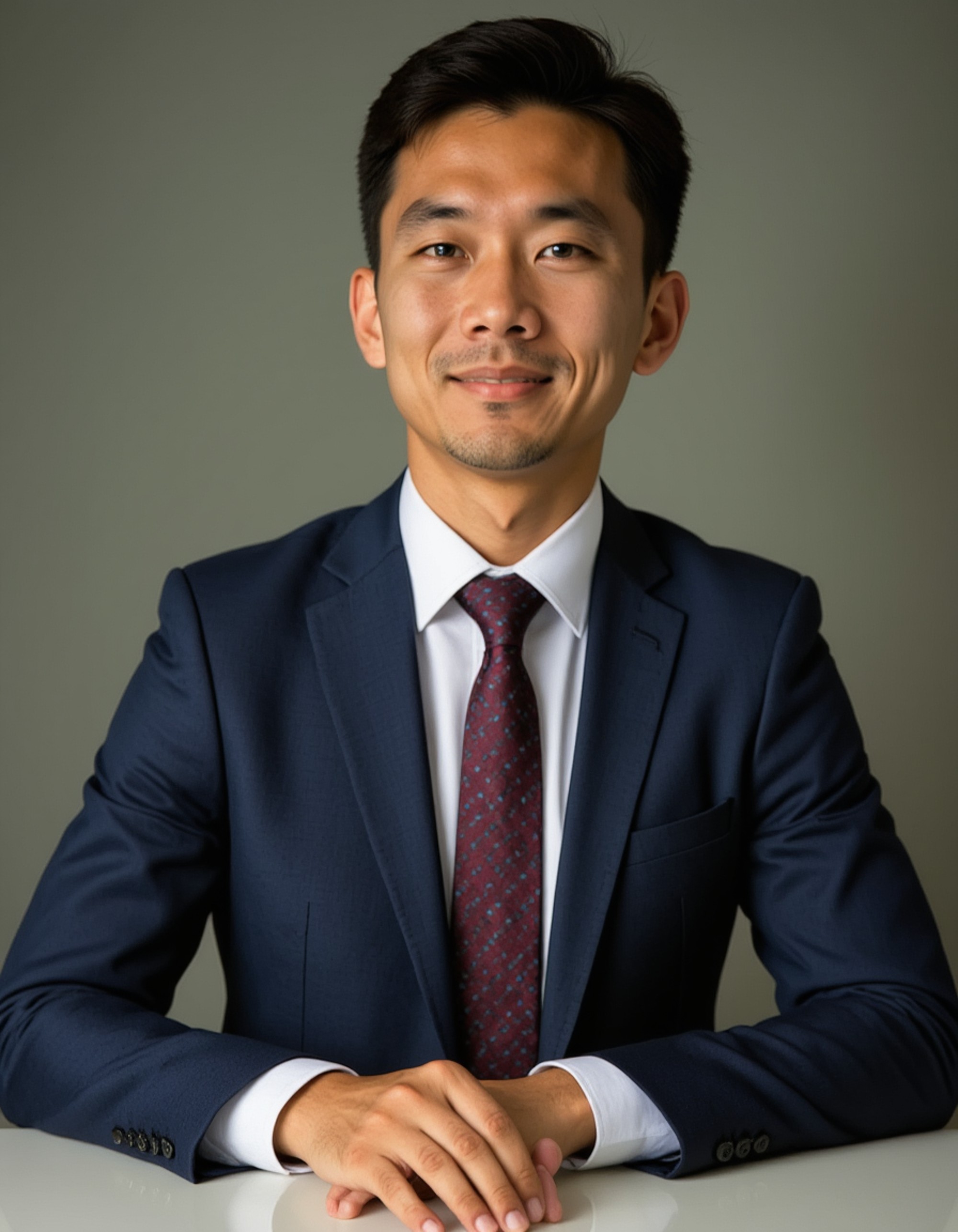 8k professional headshot of model, sitting at executive desk, navy blue suit with white dress shirt and burgundy tie, confident expression, natural office lighting, modern corporate backdrop, sharp focus, business professional atmosphere
