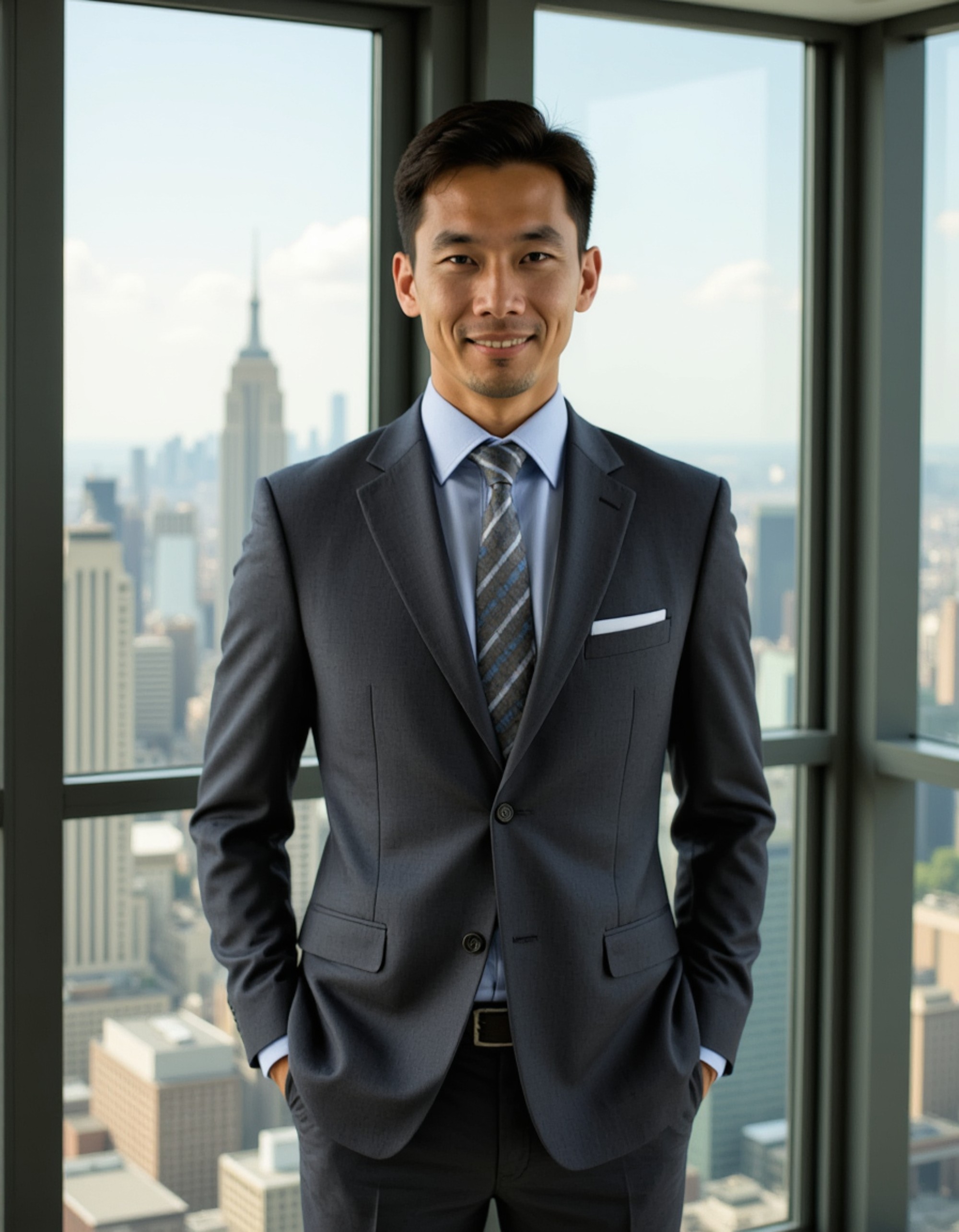 headshot of model, standing in corner office, charcoal gray suit, light blue dress shirt, silver tie, neutral expression, studio lighting, city skyline view through windows, high-definition, executive posture