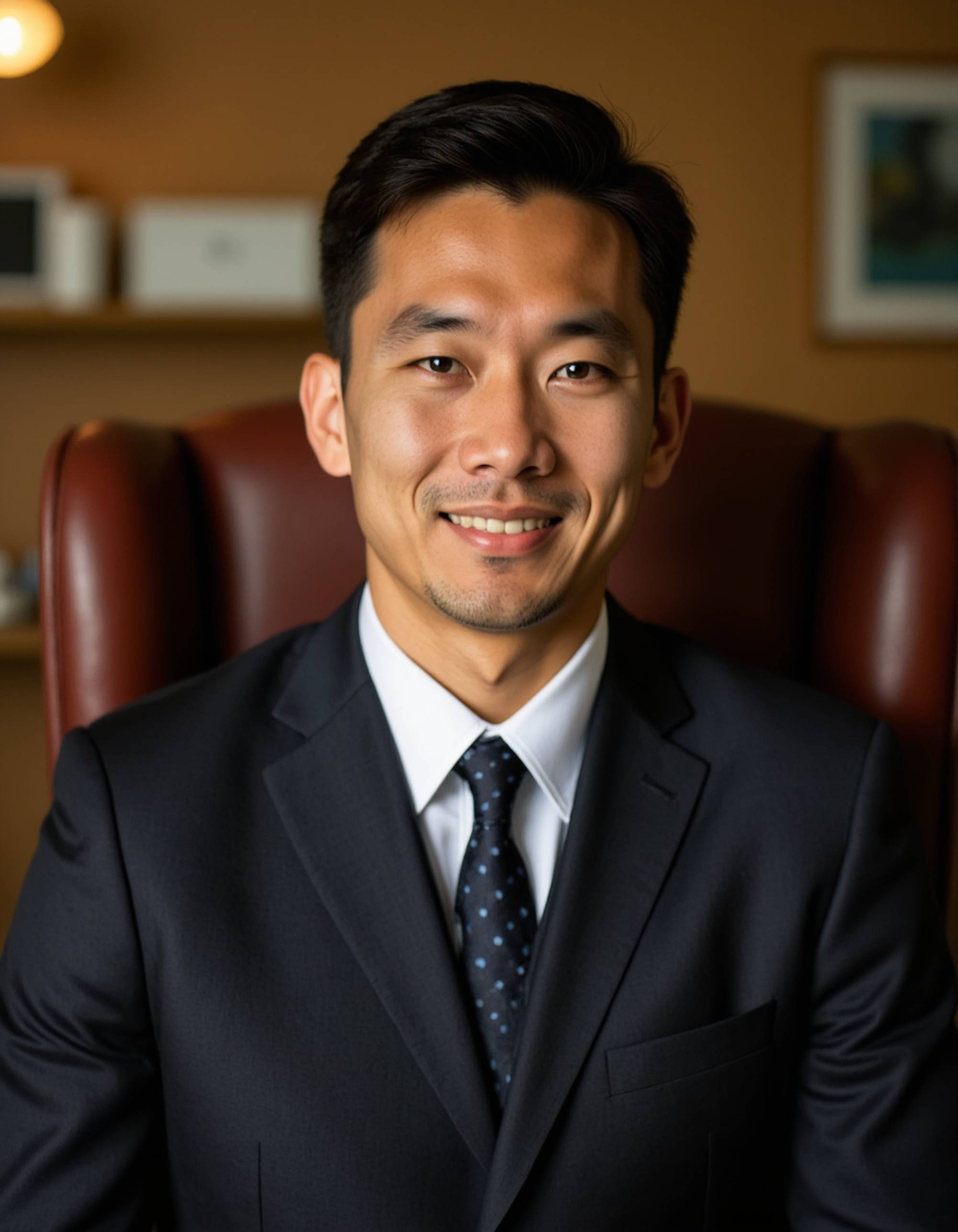 professional headshot of model, seated in leather executive chair, black suit jacket, crisp white shirt, navy tie, subtle smile, ambient office lighting, contemporary workspace background, crisp details, confident demeanor
