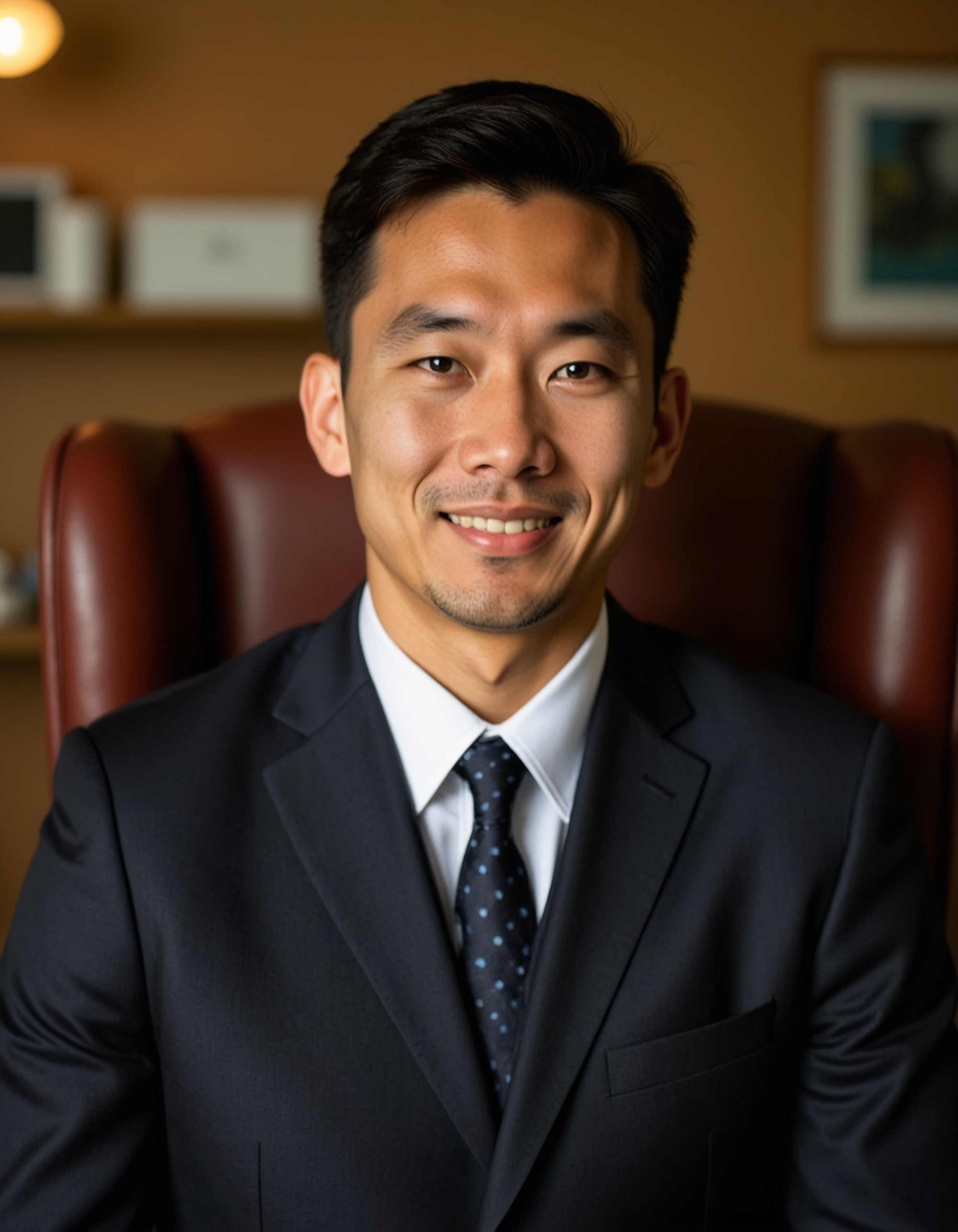 professional headshot of model, seated in leather executive chair, black suit jacket, crisp white shirt, navy tie, subtle smile, ambient office lighting, contemporary workspace background, crisp details, confident demeanor