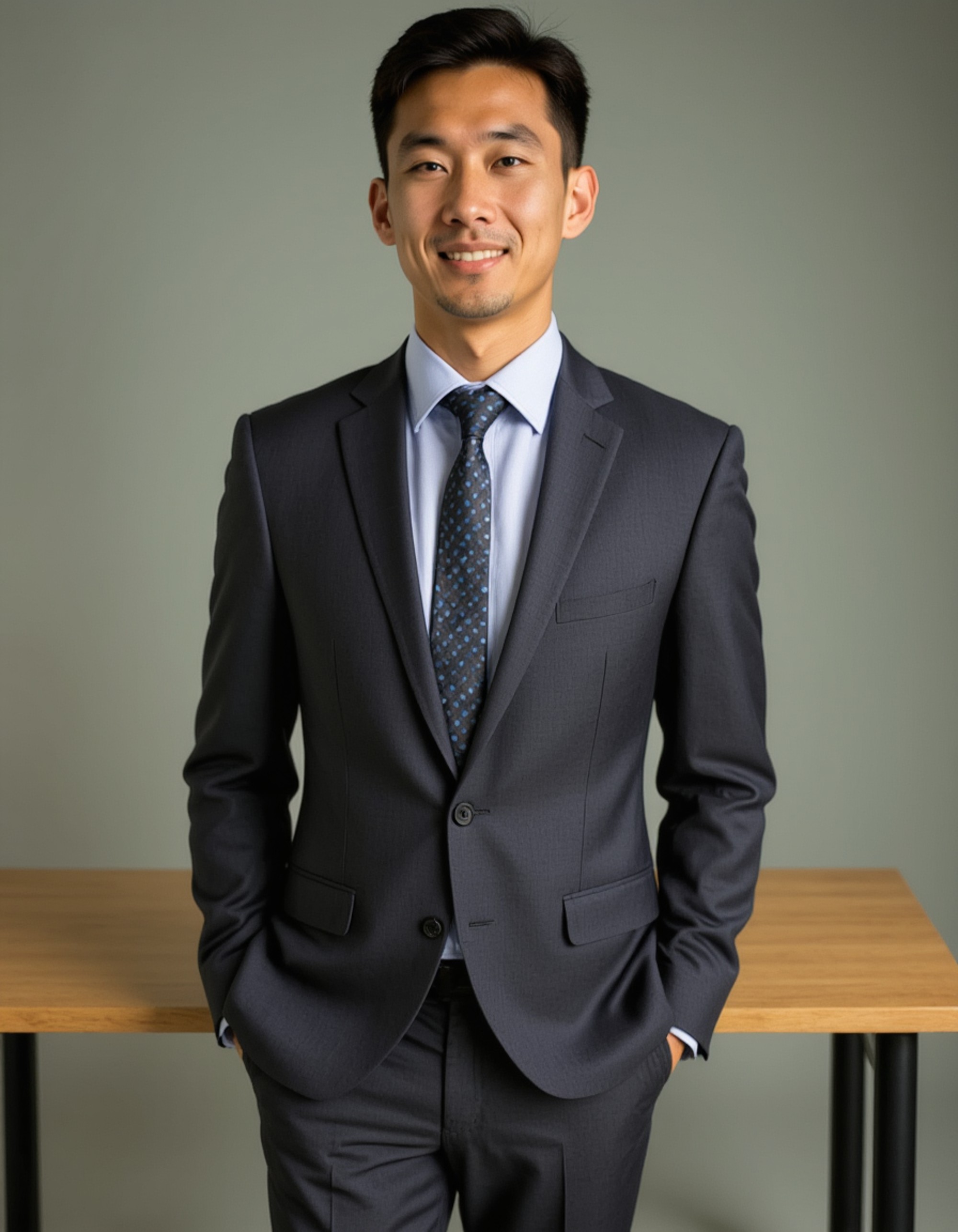 8k headshot of model, leaning against modern desk, dark gray suit, pale blue shirt, geometric patterned tie, professional styling, soft studio backdrop, sharp focus, corporate elegance, business formal attire