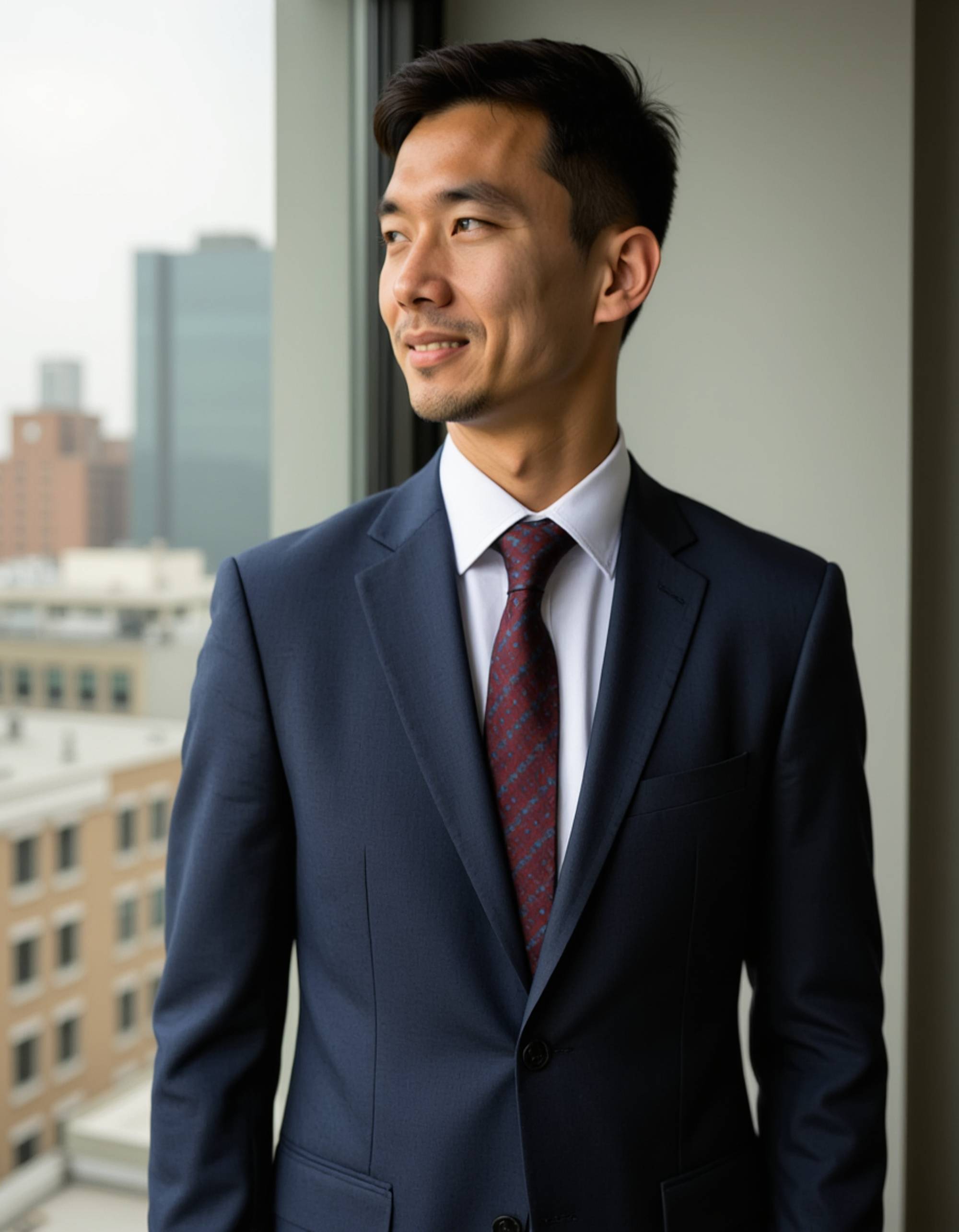 professional headshot of model, standing beside office window, midnight blue suit, white dress shirt, maroon tie, confident expression, natural lighting, urban office setting, high-definition, executive presence