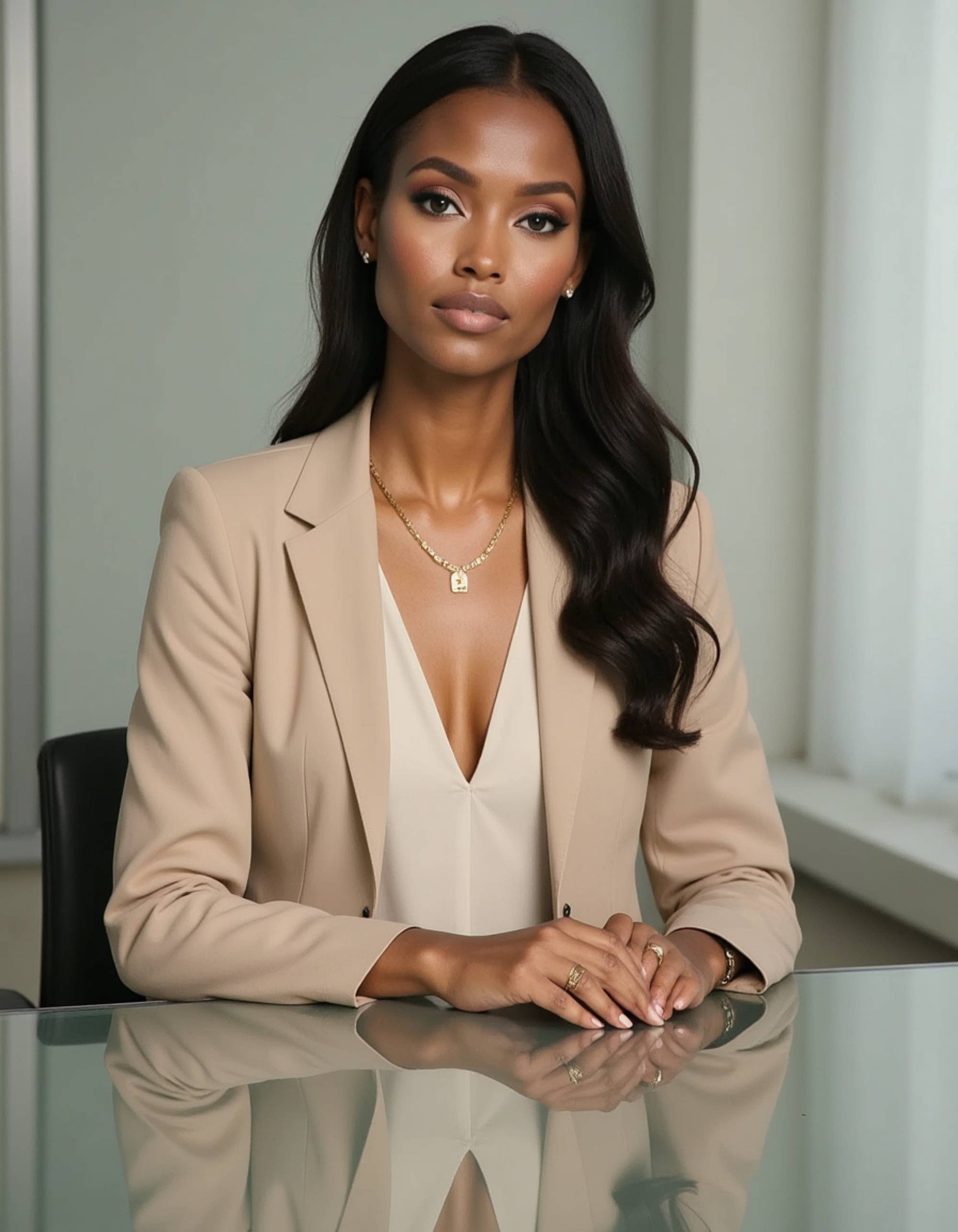 8k professional headshot of model, seated at glass conference table, tailored beige blazer, ivory silk blouse, delicate gold necklace, polished makeup, soft studio lighting, minimalist office backdrop, sharp focus, sophisticated business look