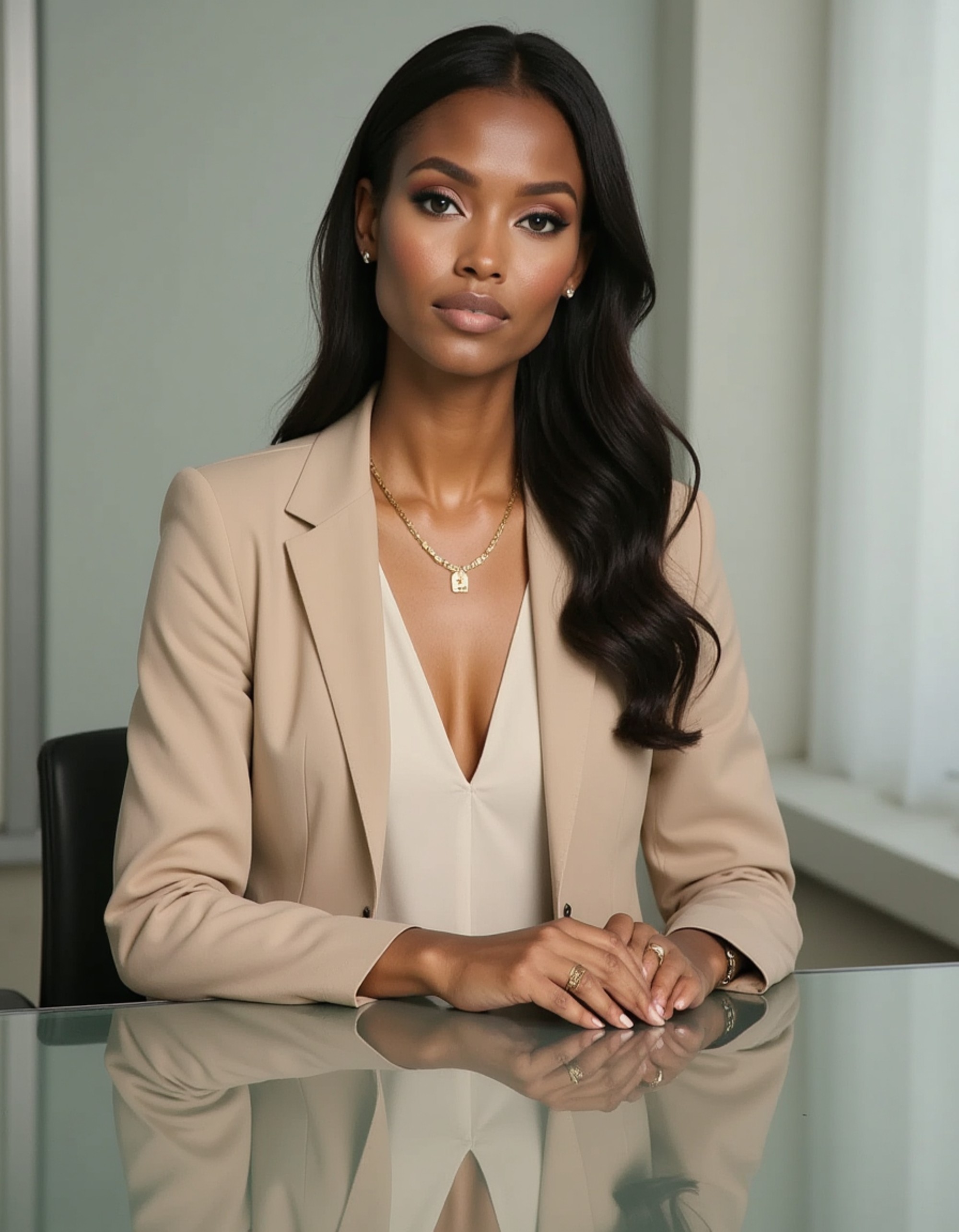 8k professional headshot of model, seated at glass conference table, tailored beige blazer, ivory silk blouse, delicate gold necklace, polished makeup, soft studio lighting, minimalist office backdrop, sharp focus, sophisticated business look